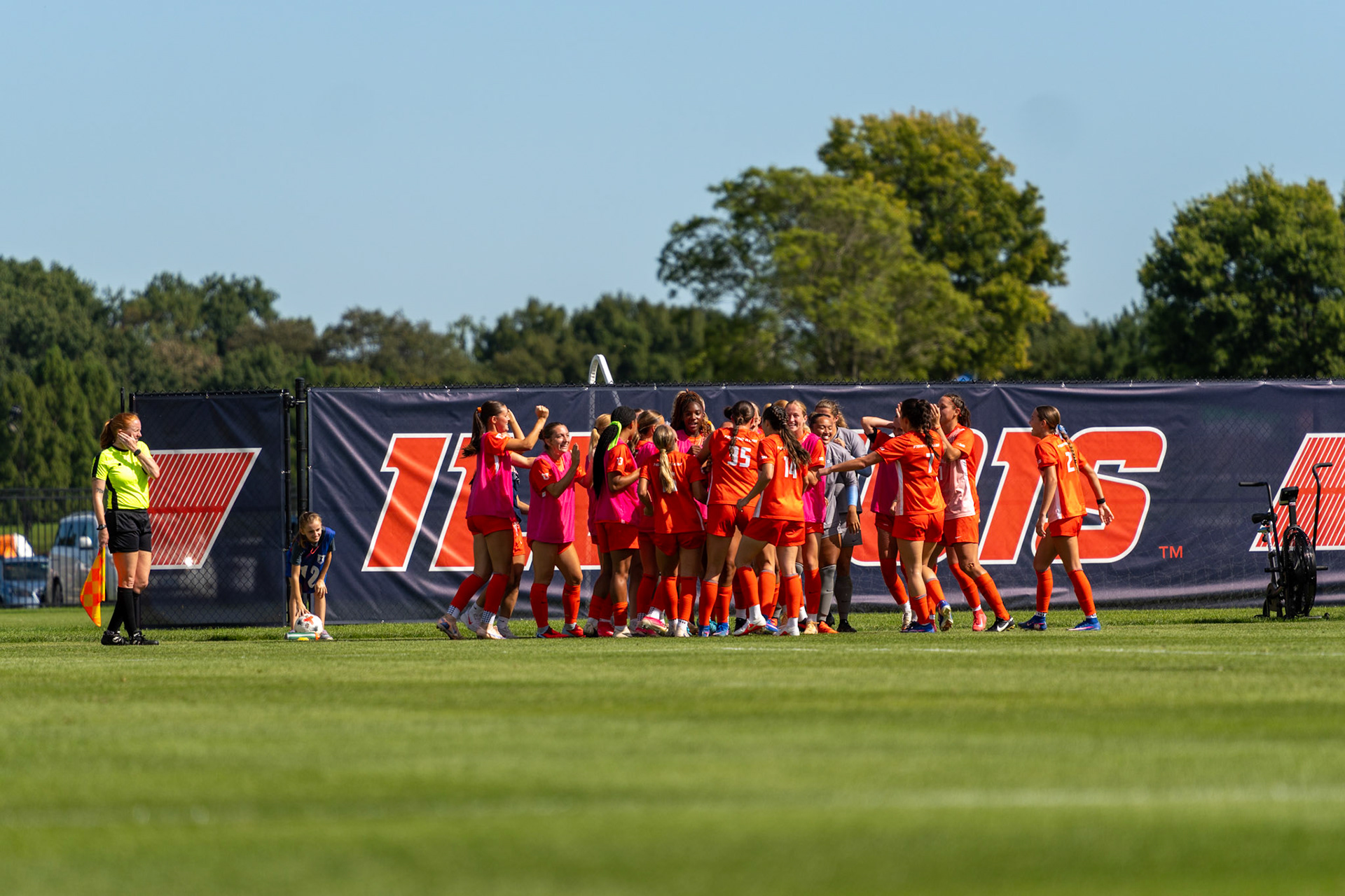 Illinois players celebrate after Ashleigh Vizek's goal in the 54th minute at Demirjian Park on Sunday. The score gave the Illini a 2-0 lead over Oregon, which they would hold for the remainder of the match.