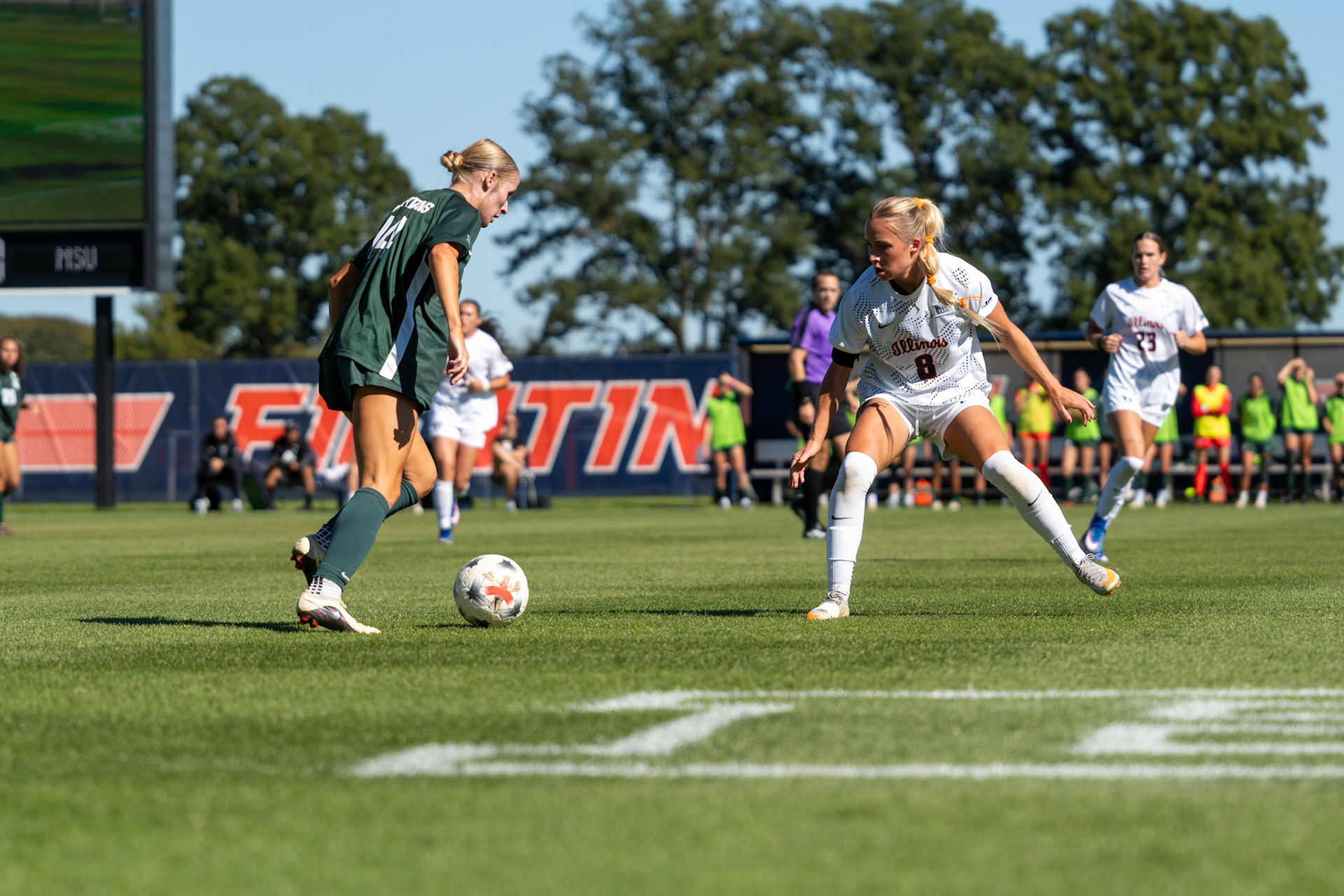 Sutton Webb, fifth-year forward, applies defensive pressure on Michigan State defender Faith George at Demirjian Park on Oct. 4, 2026. Illinois fell 1-0 to No. 2 Michigan State after a late goal in the 85th minute.