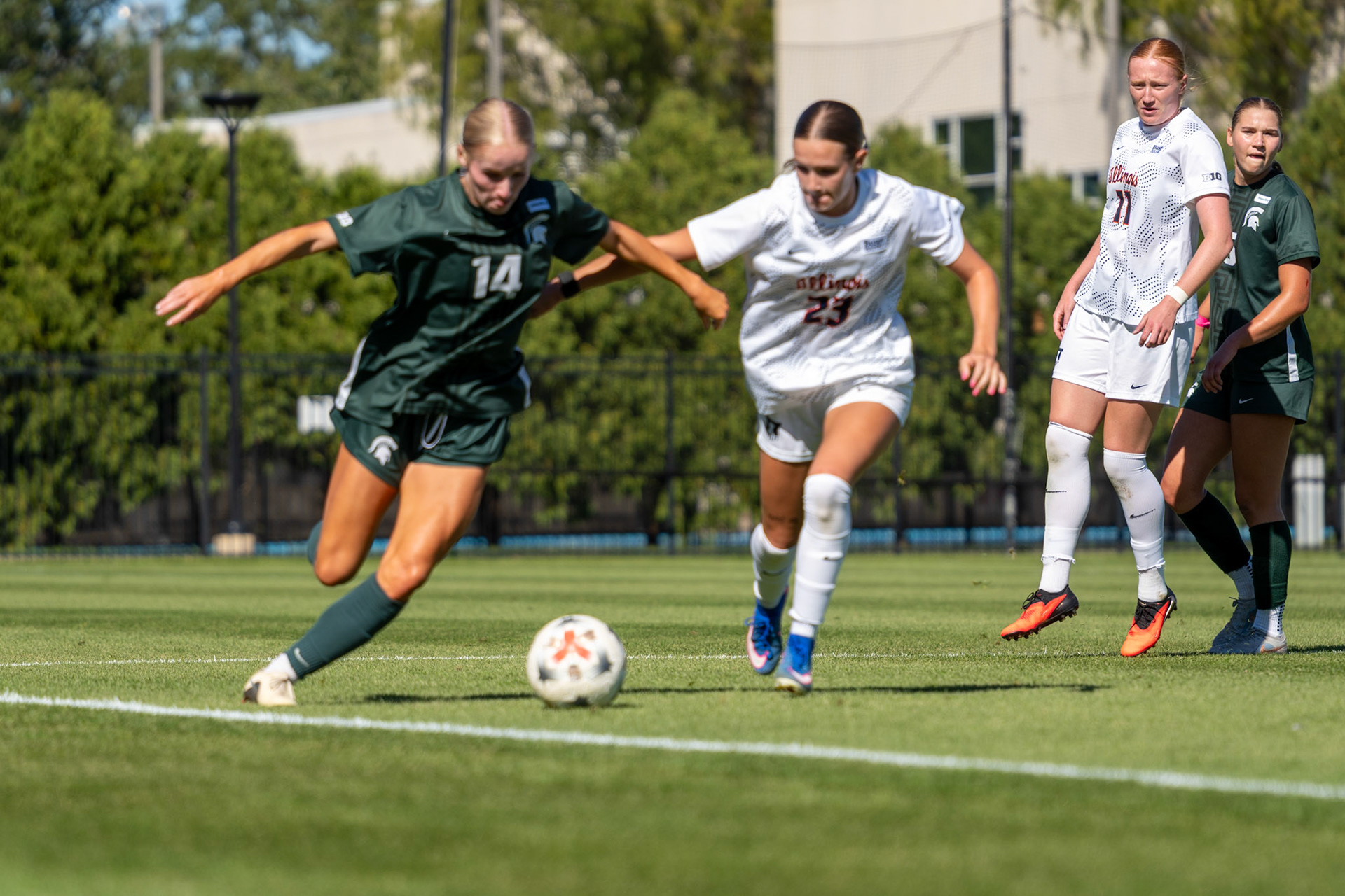 Ashlyn Adams, sophomore forward, battles Michigan State defender Faith George for possession at Demirjian Park on Oct. 4, 2026. Adams recorded three shots in Illinois' 1-0 loss to No. 2 Michigan State.