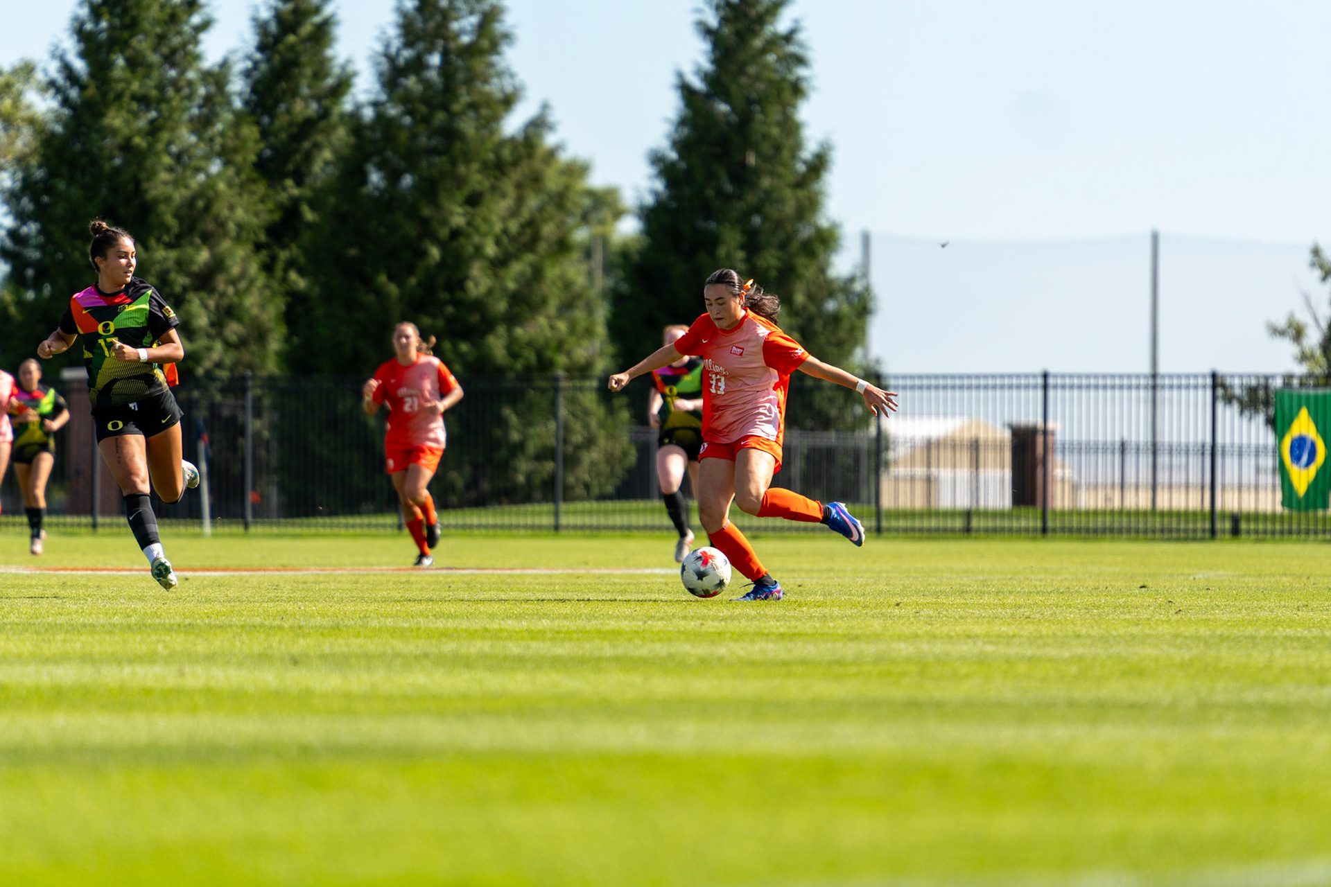 Ava Arengo, senior midfielder, clears the ball away from the Illinois goal at Demirjian Park on Sunday. Illinois defeated Oregon 2-0 on Senior Night to improve to 4-2-5 overall on the season.