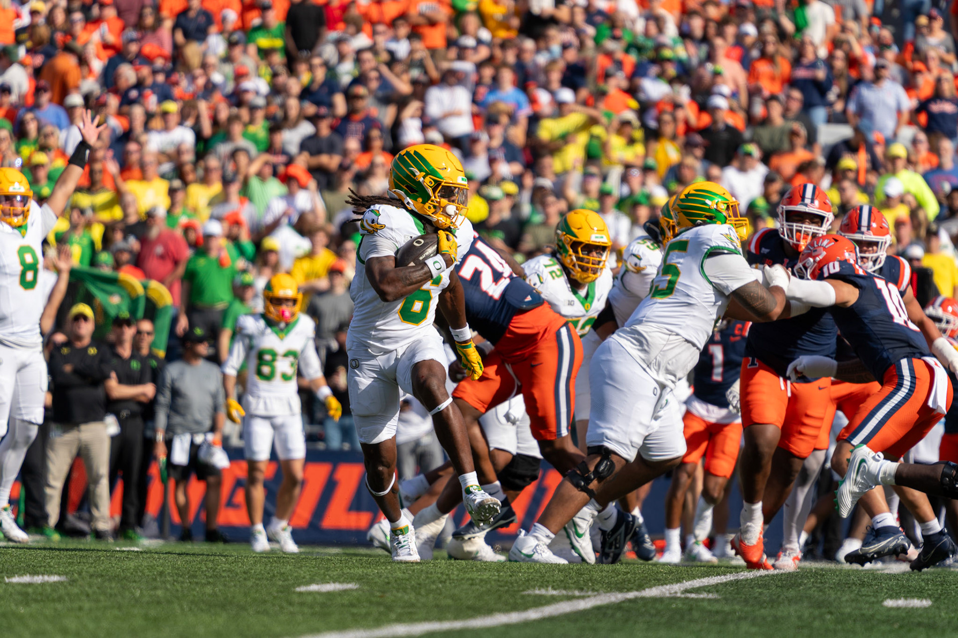 Oregon running back Dierre Hill Jr. carries the ball against Illinois at Gies Memorial Stadium on Oct. 24, 2026. Hill finished with 83 rushing yards on 13 carries in Oregon’s 21-10 loss to the Illini.