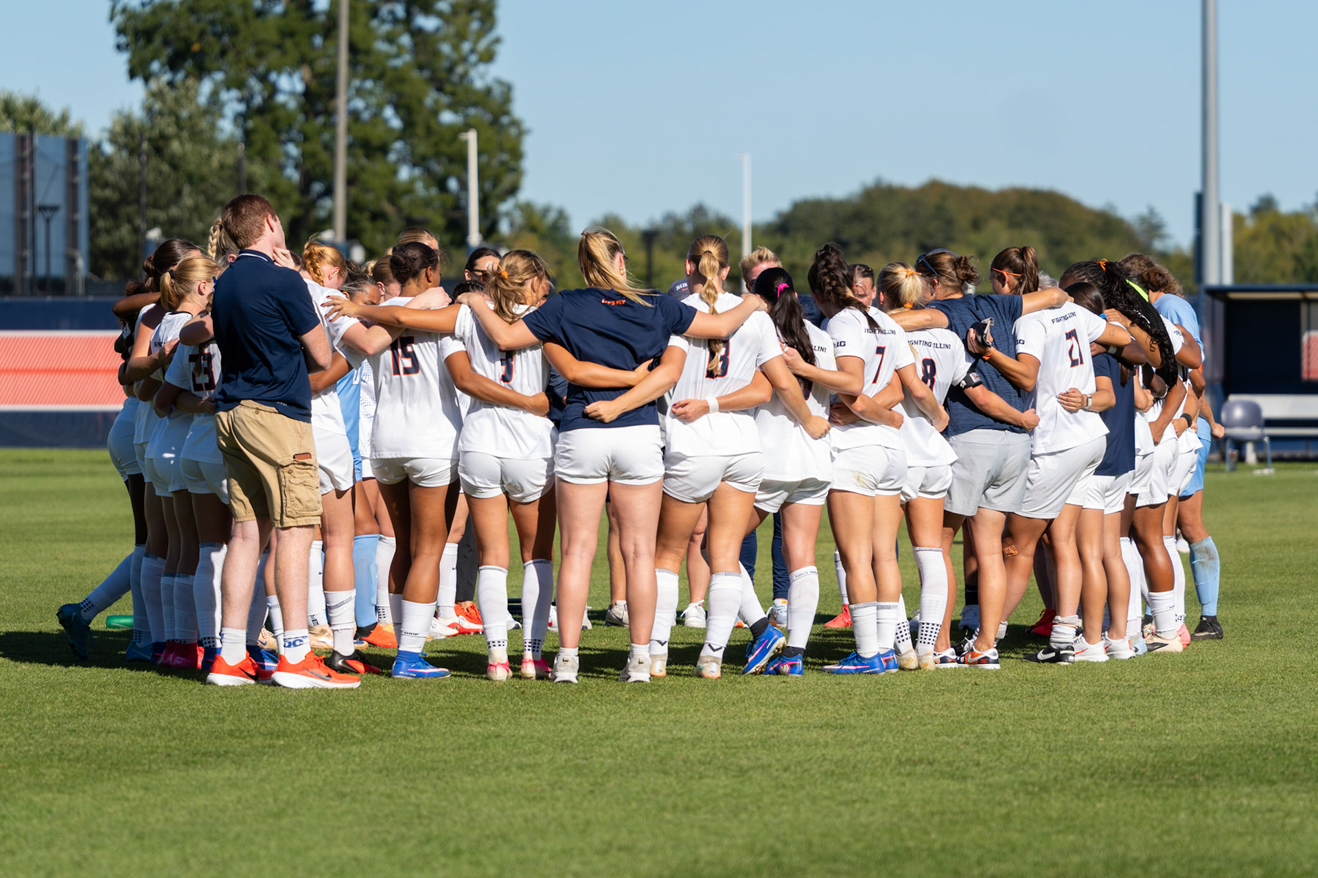 Illinois players huddle together following a 1-0 loss to No. 2 Michigan State at Demirjian Park on Oct. 4, 2026. The Spartans scored the lone goal of the match in the 85th minute to hand the Illini the defeat.