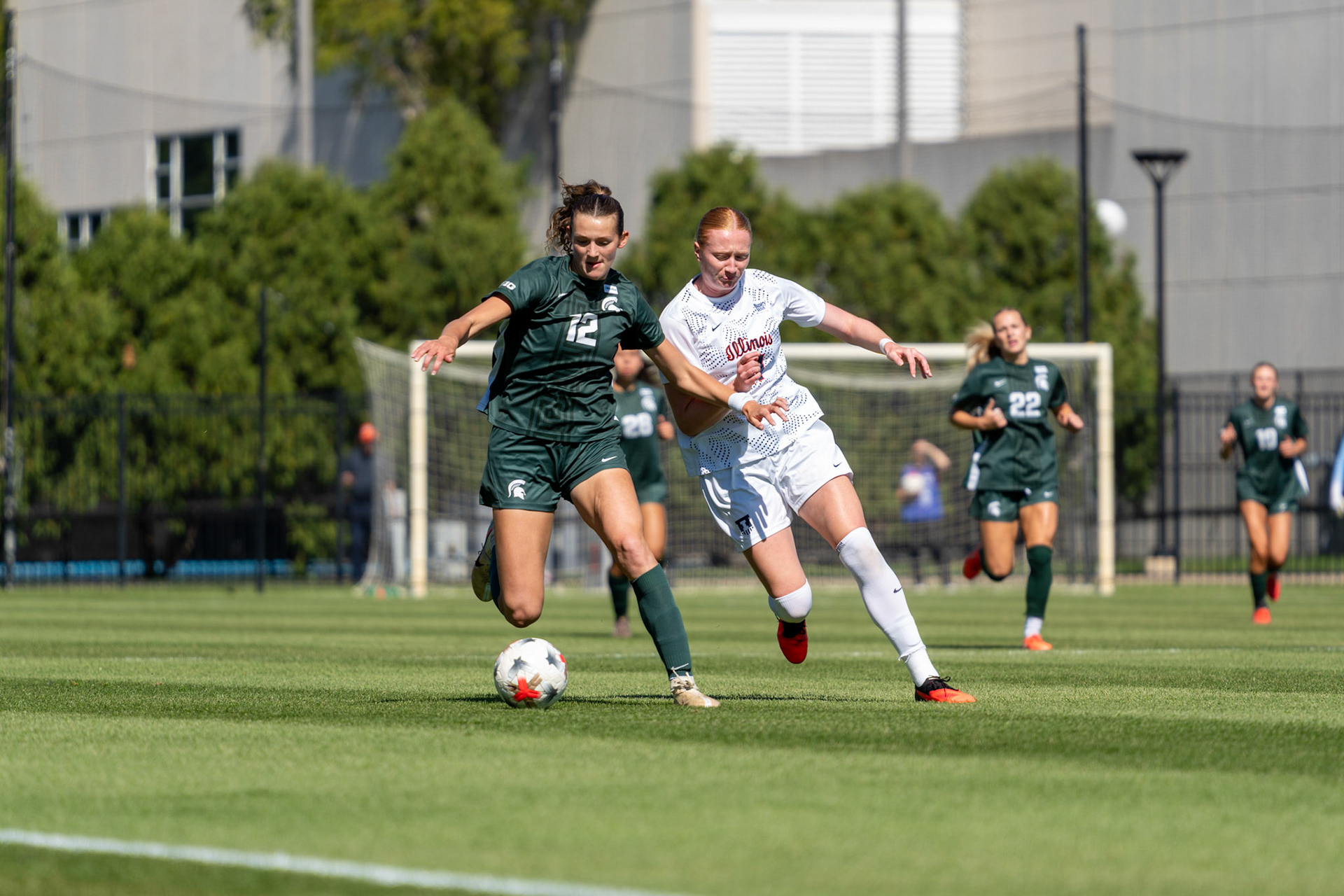 Hedda Ornberg, senior forward, battles Michigan State defender Mackenzie Kruer for possession at Demirjian Park on Oct. 4, 2026. Illinois fell 1-0 to No. 2 Michigan State after a late goal in the 85th minute.