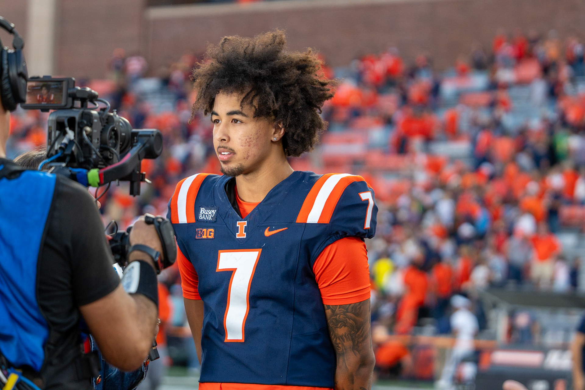 Michael Clayton II interviews with media following Illinois’ 21-10 victory over Oregon at Gies Memorial Stadium on Oct. 24, 2026. Clayton completed 11 of 18 passes for 84 yards and two touchdowns in the win.