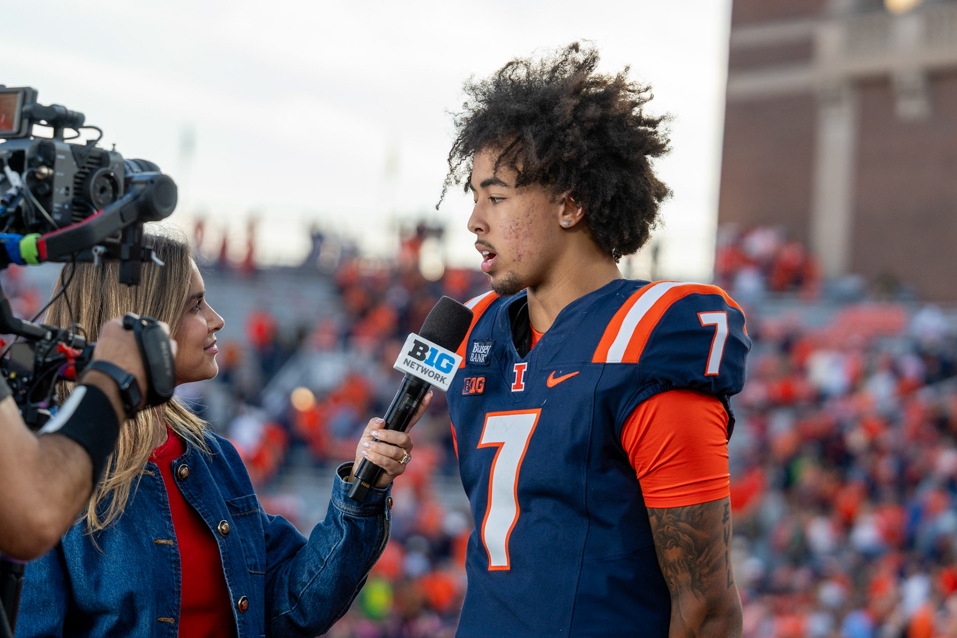 Michael Clayton II interviews with media following Illinois’ 21-10 victory over Oregon at Gies Memorial Stadium on Oct. 24, 2026. Clayton completed 11 of 18 passes for 84 yards and two touchdowns in the win.