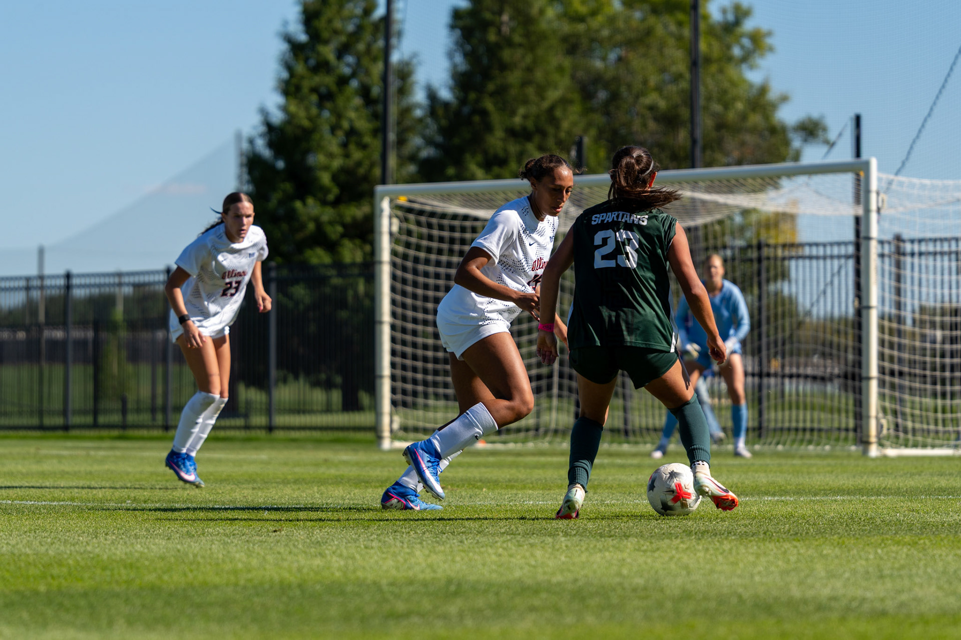 Michigan State midfielder Bella Najera attempts to get past Illinois defender Ashleigh Vizek at Demirjian Park on Oct. 4, 2026. Najera scored the decisive goal of the match in the 85th minute to give the Spartans a 1-0 victory.