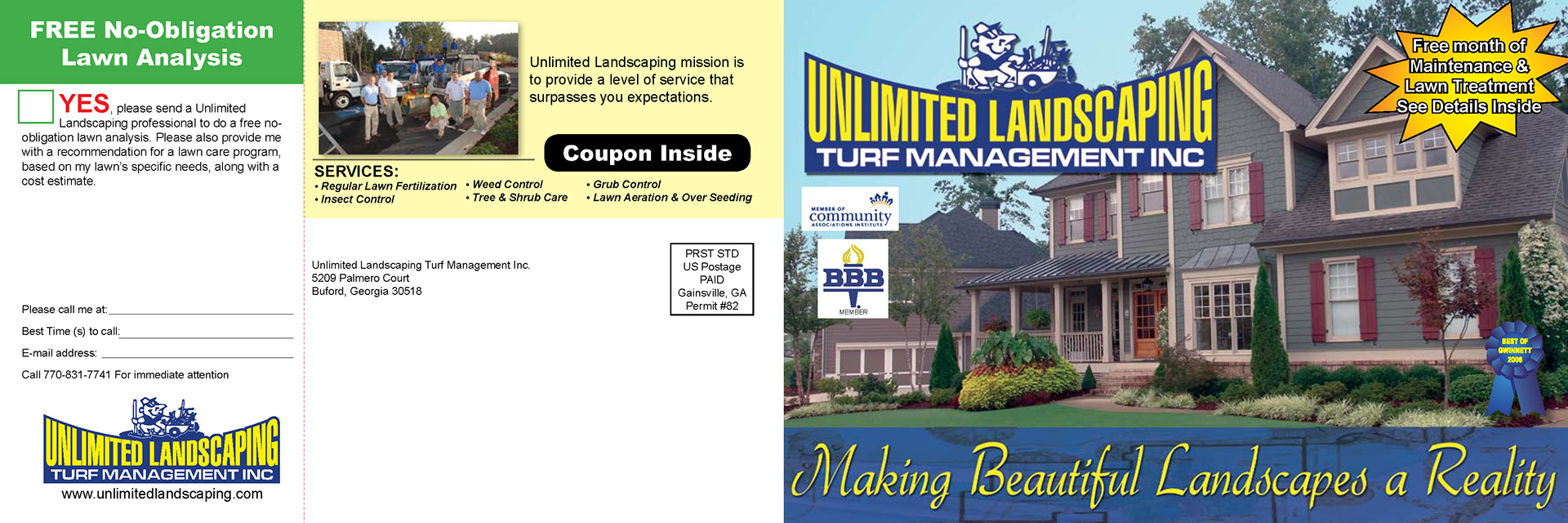 Unlimited Landscaping, Direct Mail Postcard (Outside Cover with Direct Mail Remit Card)