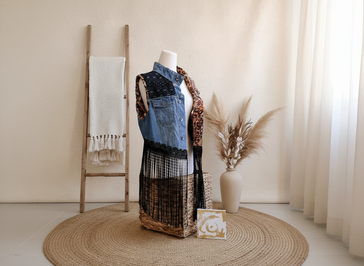 Echo – sleeveless reversible leopard denim, suggesting movement & duality