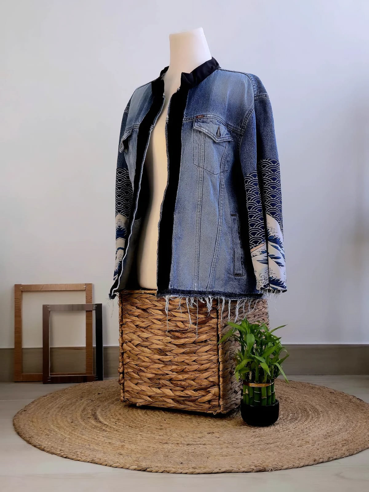 Ocean-blue patterns, raw seams, bold but balanced.