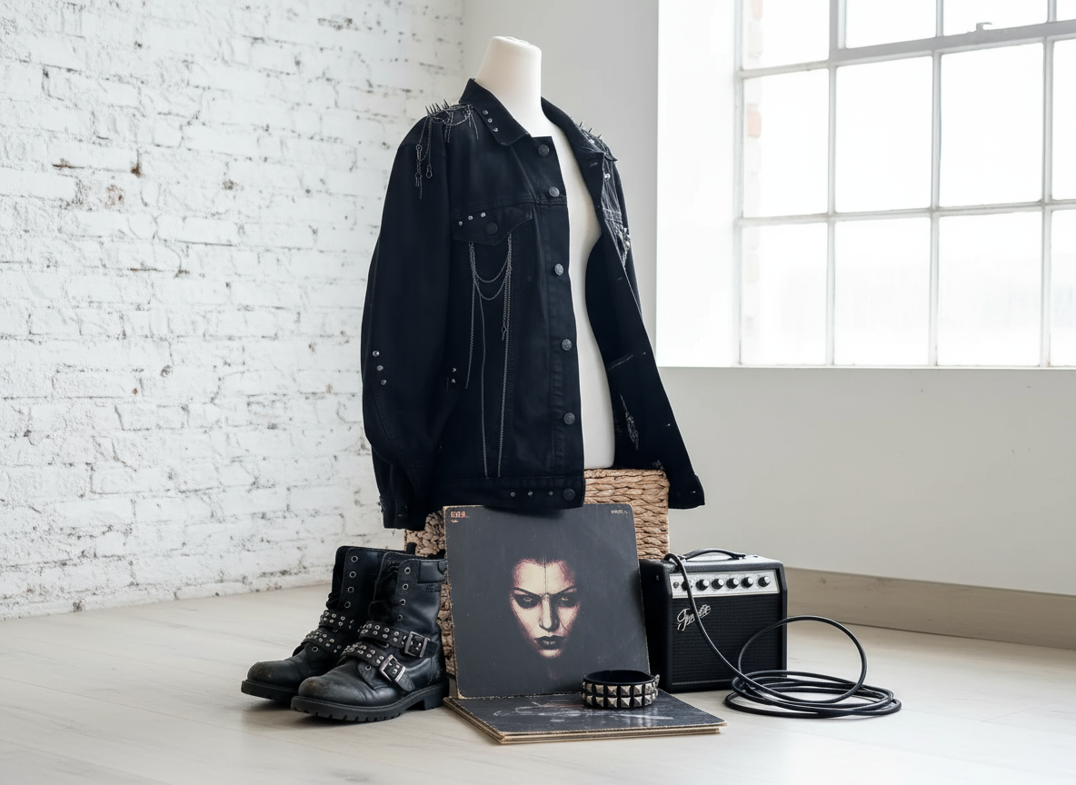Rogue – black denim with spikes & chains, rebellious and striking