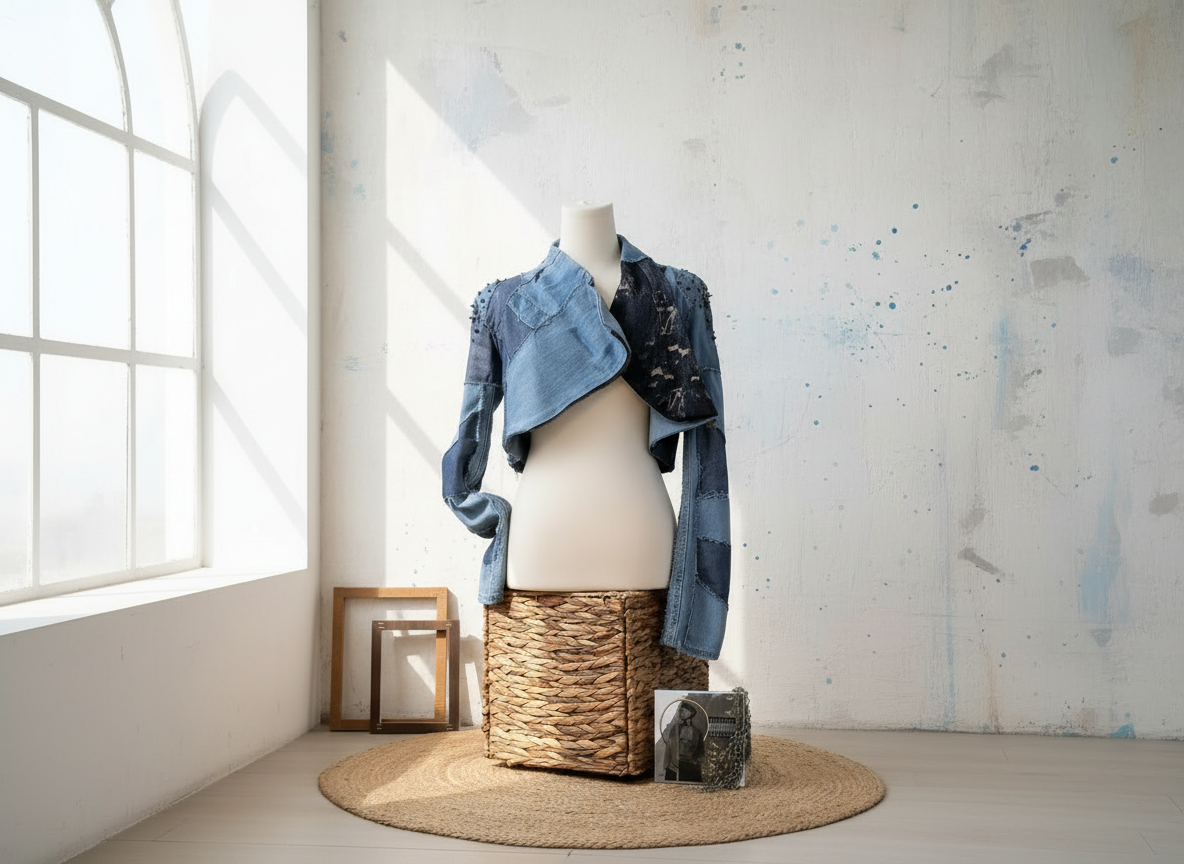 Edge – asymmetric cropped denim with spikes, bold and angular