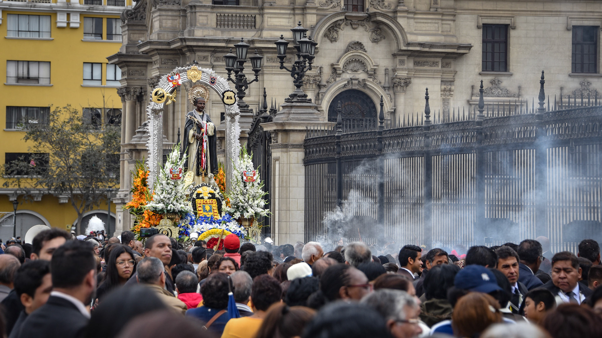 Lima, Peru - Nov 17, 2019: Crowds attend the procession for San Martin de Porres in Lima's main square