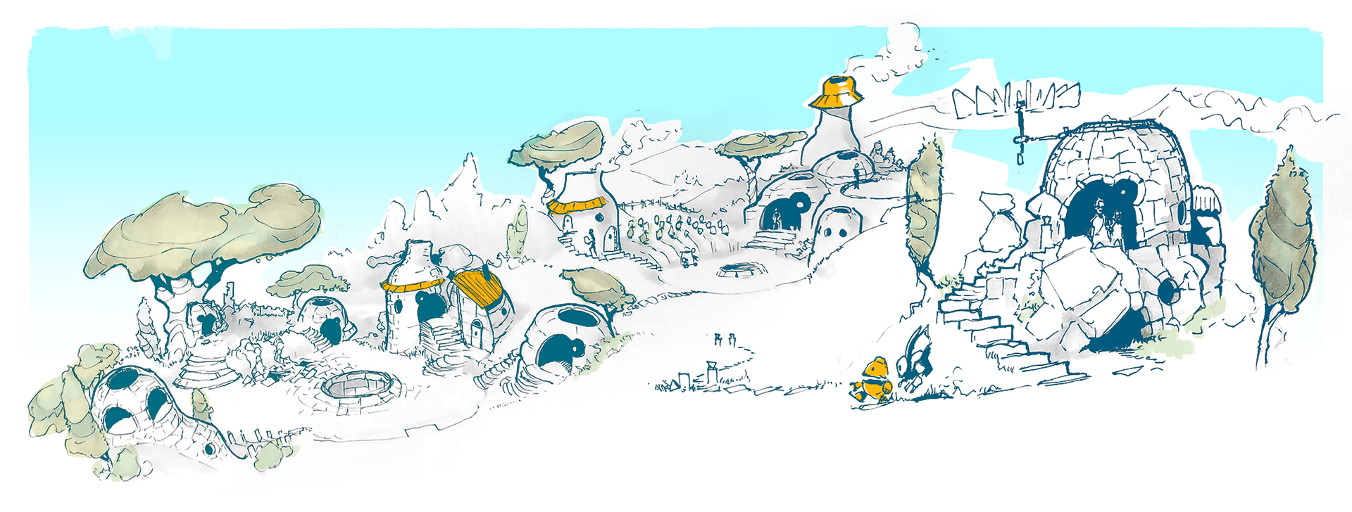 Sketch of stone buildings on hillside