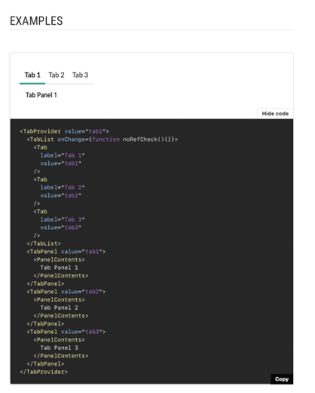 Code Snippet Example for Tabs