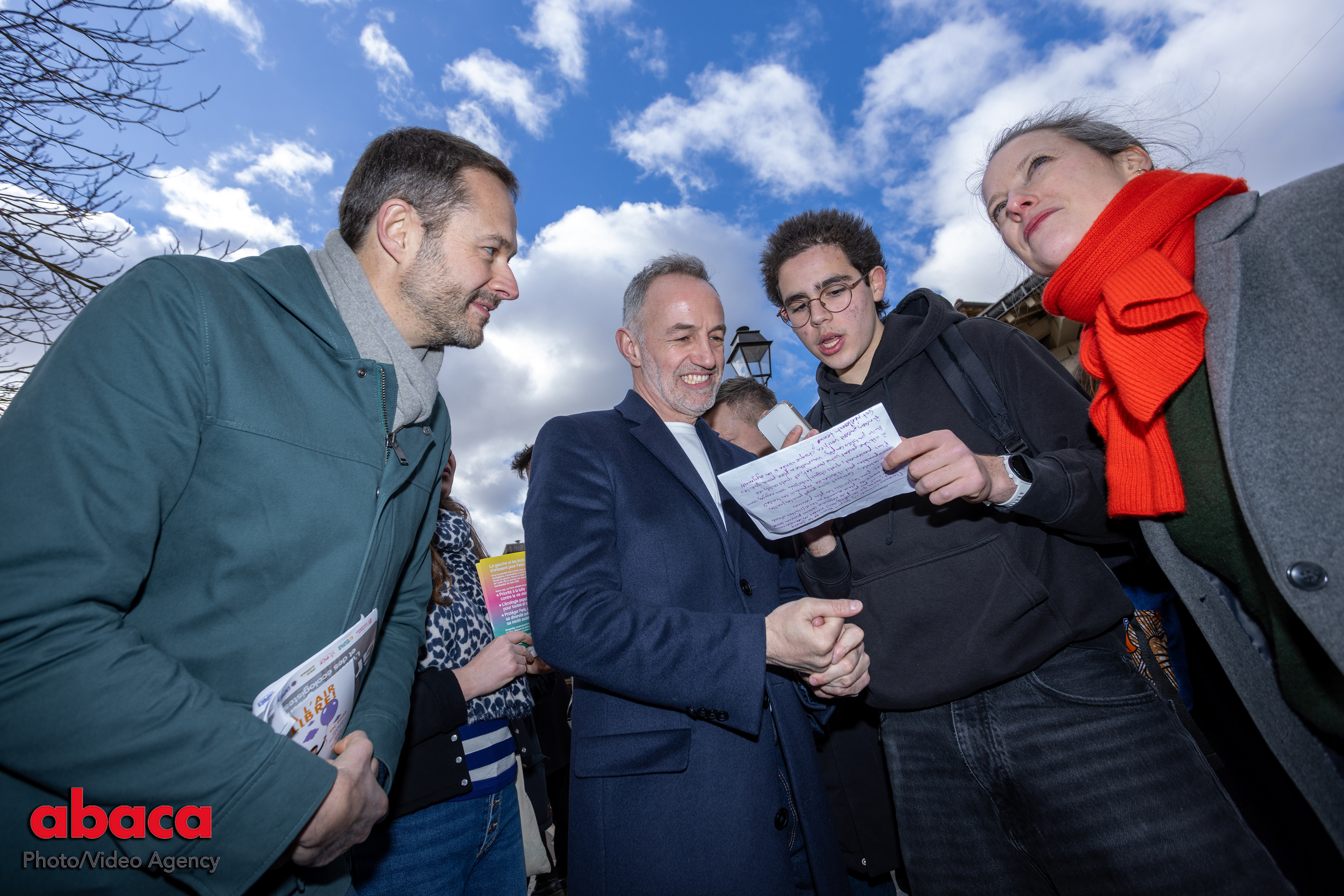 David Belliard, Emmanuel Gregoire and Lucie Castets at the Aligre's outdoor market