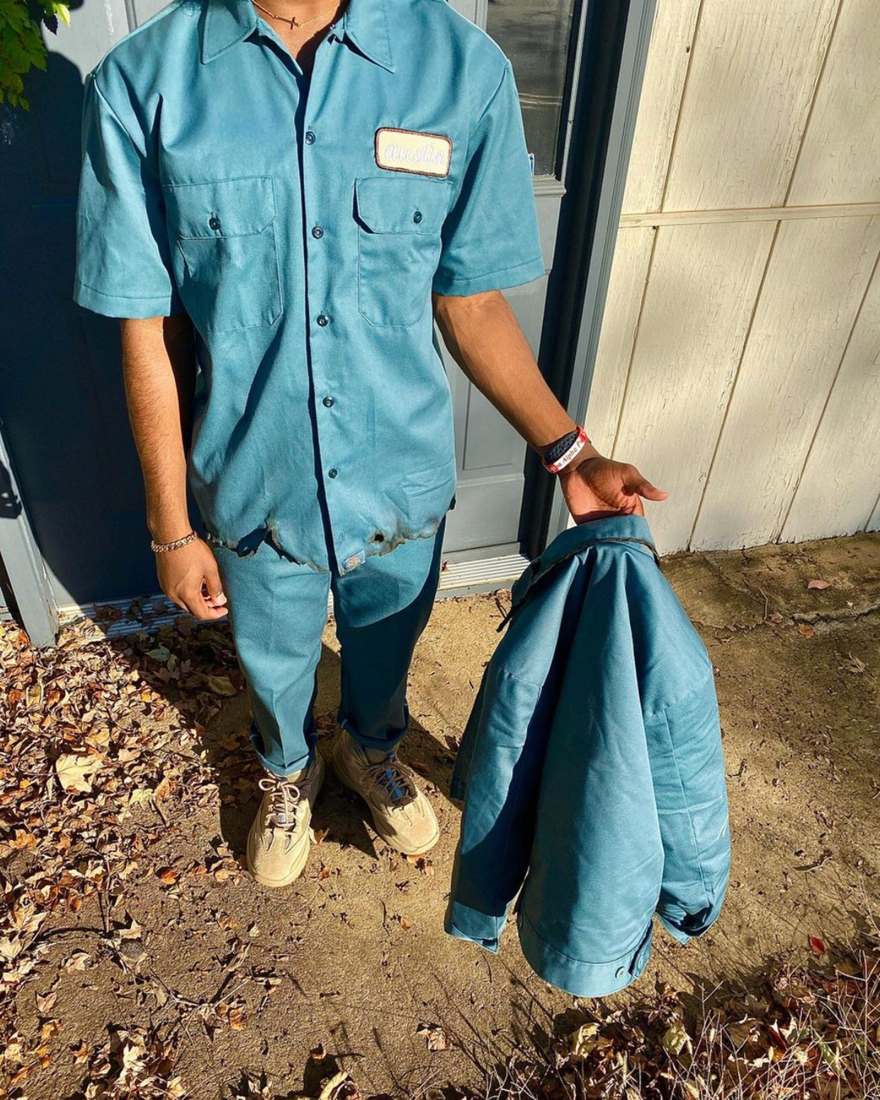 Custom Burned Distressed Dickies Suit x Yeezy Boots