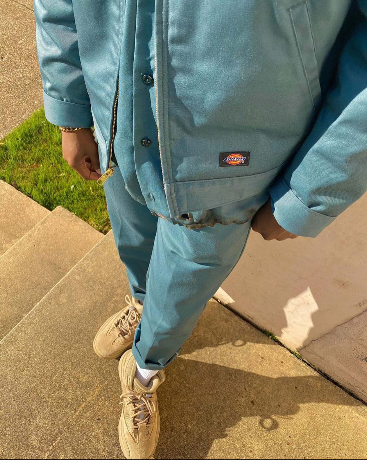 Custom Burned Distressed Dickies Suit x Yeezy Boots