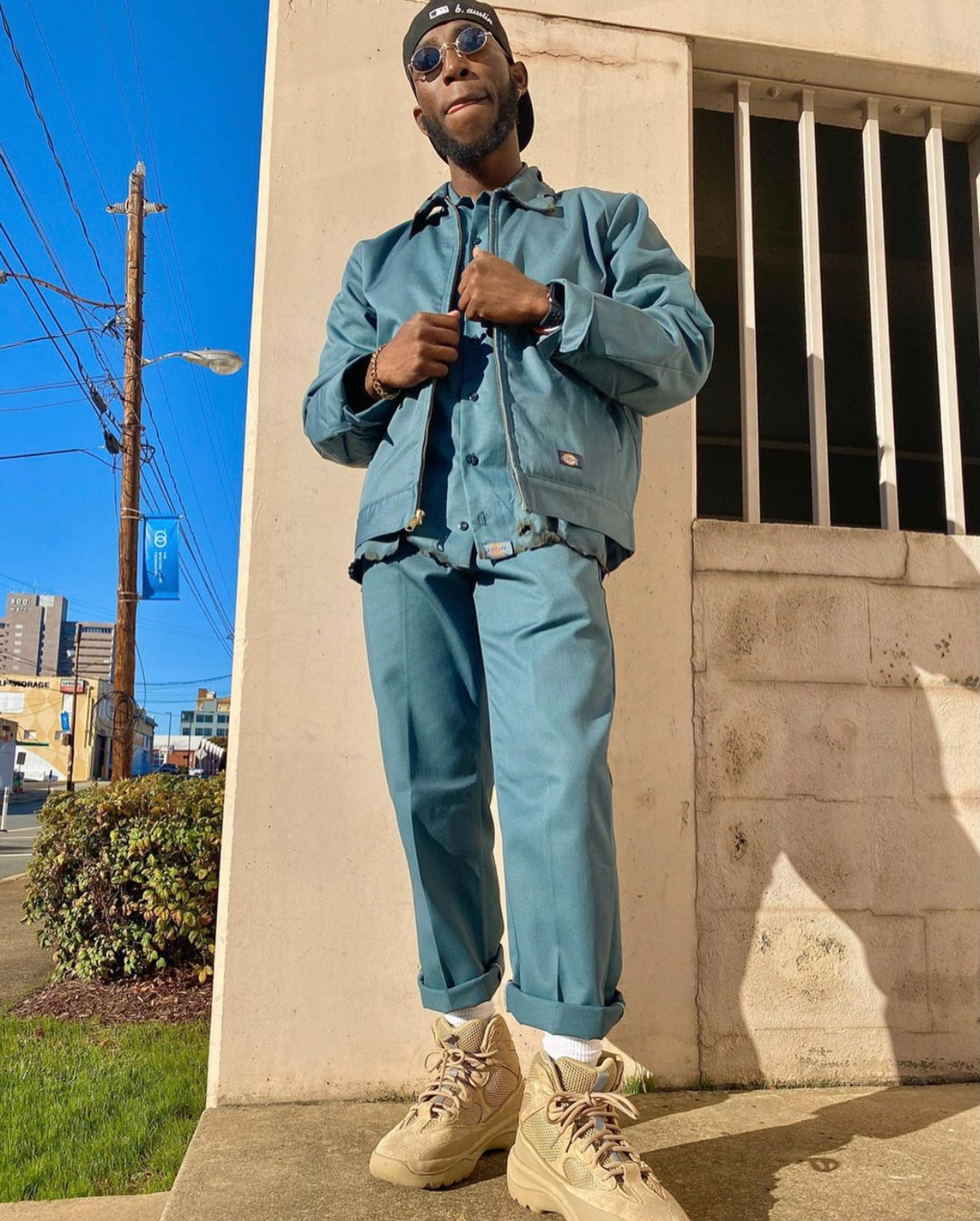 Custom Burned Distressed Dickies Suit x Yeezy Boots