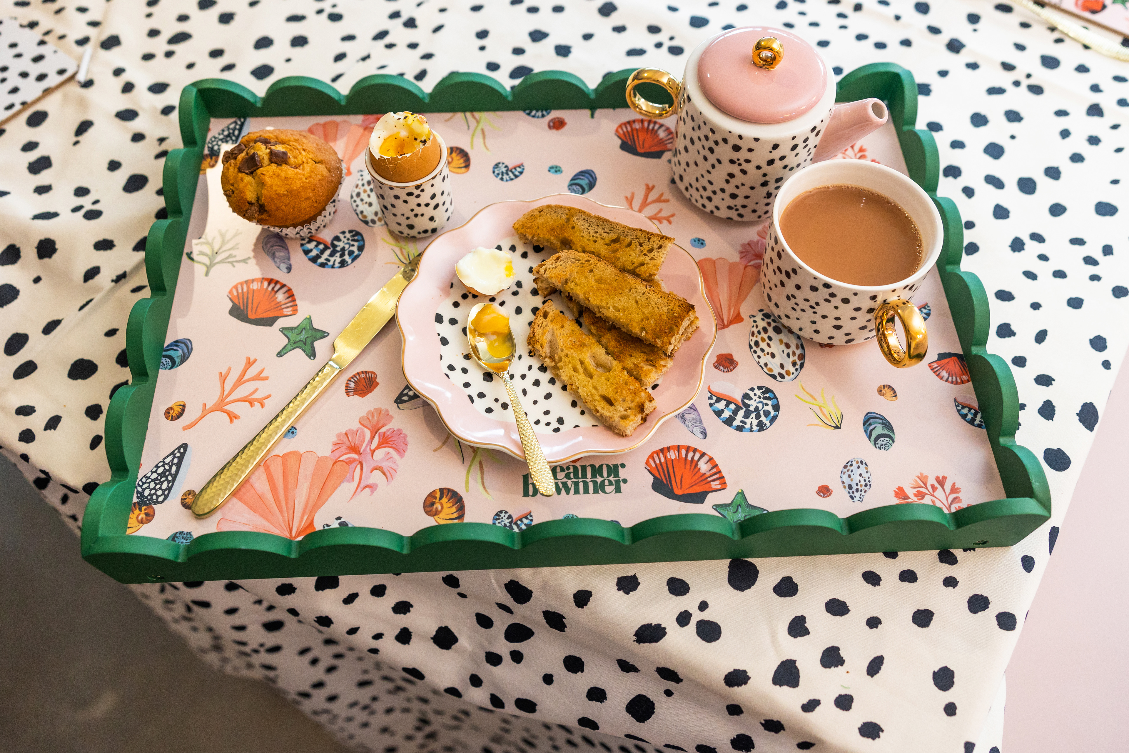 Scalloped Edged Breakfast Tray with Tea for One, Egg Cups & Cake Plate