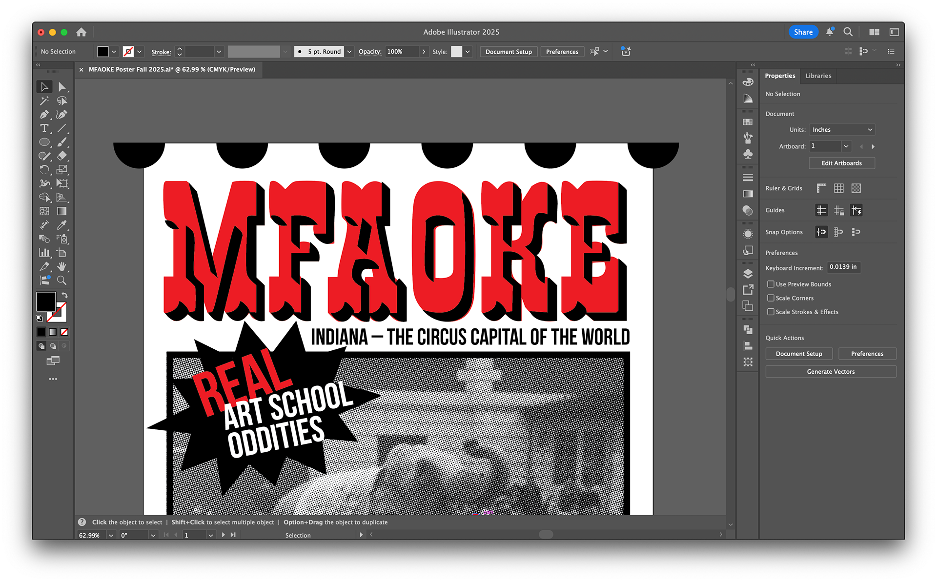 Close up of draft of the poster design in Illustrator.