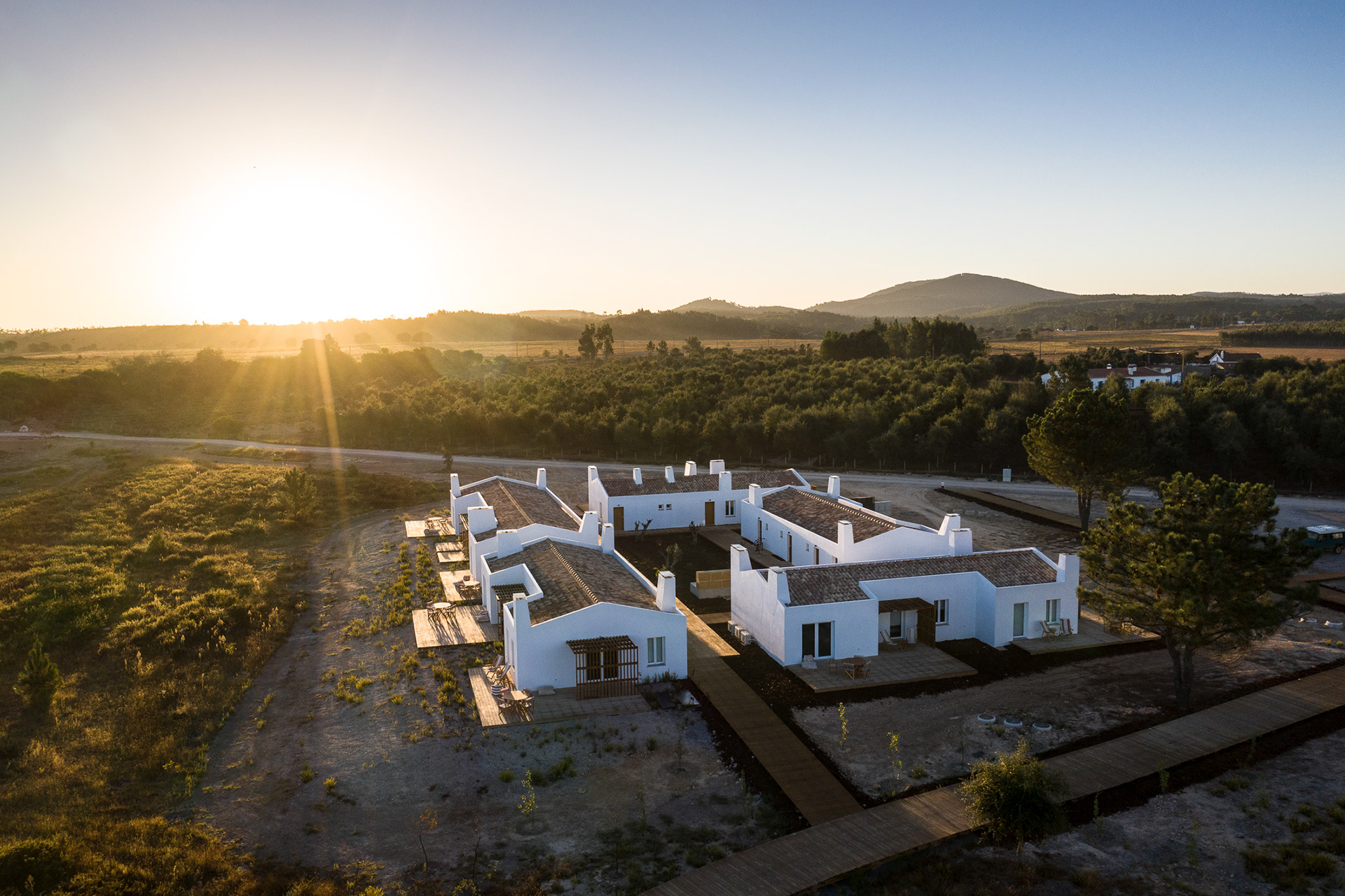 Drone image of Craveiral Farmhouse in Alentejo, Portugal - with the evening sun out west