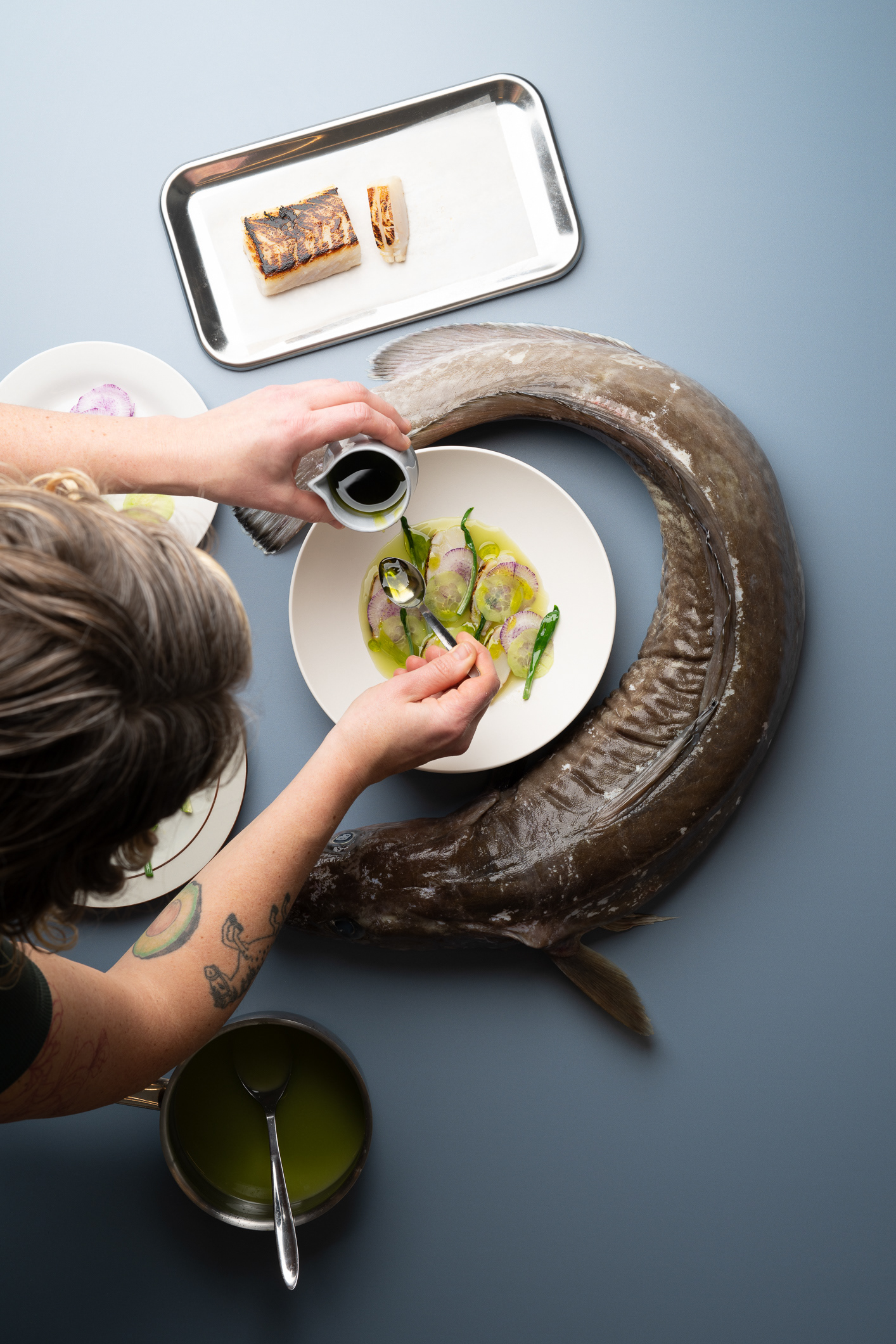The making of - Cucumber Gazpacho with Cured Ling, Fresh Cucumber, and Wild Garlic - photo Martin Kaufmann