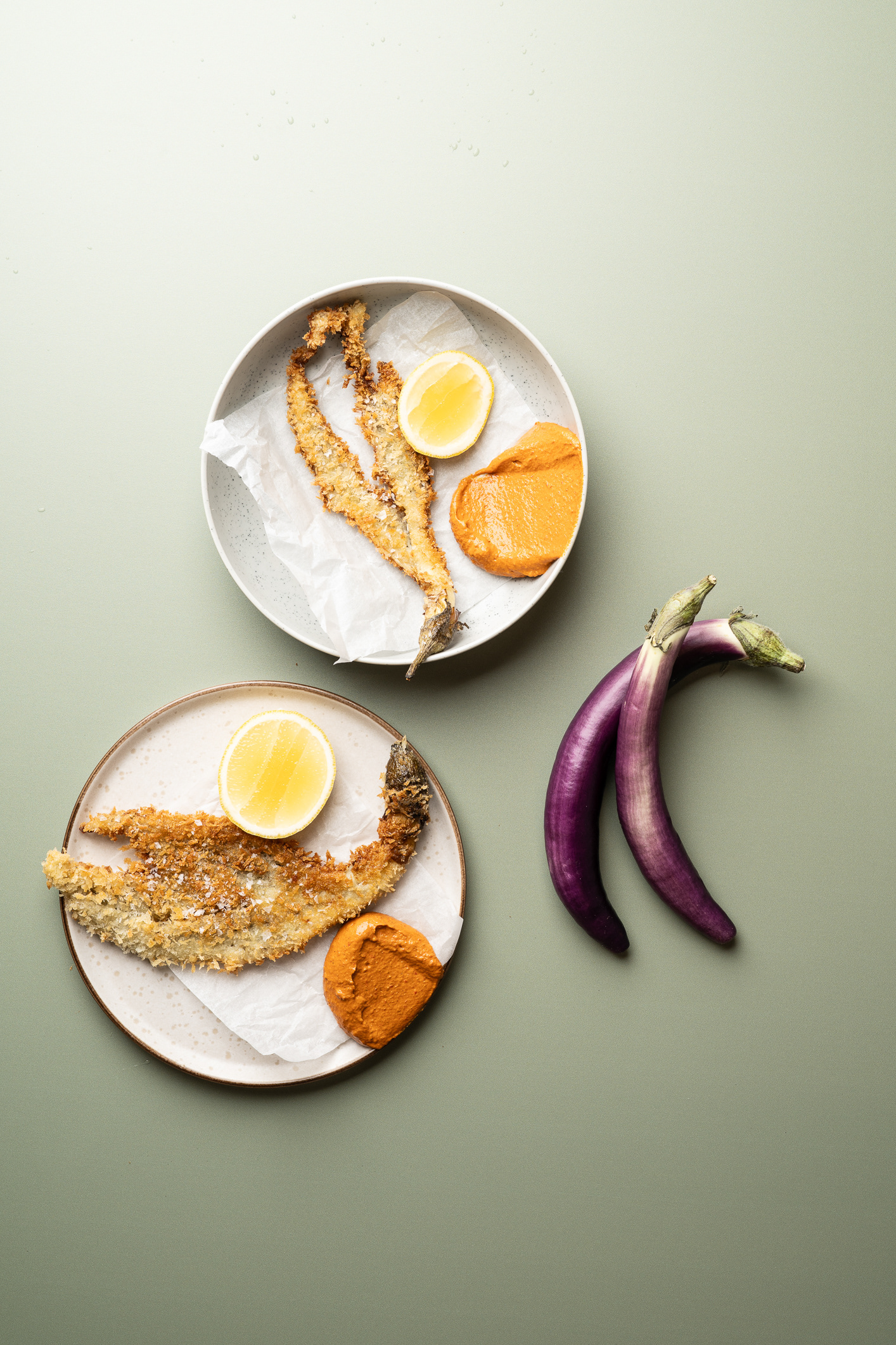 Eggplant Schnitzel with Lemon and Muhammara Dip - photo Martin Kaufmann
