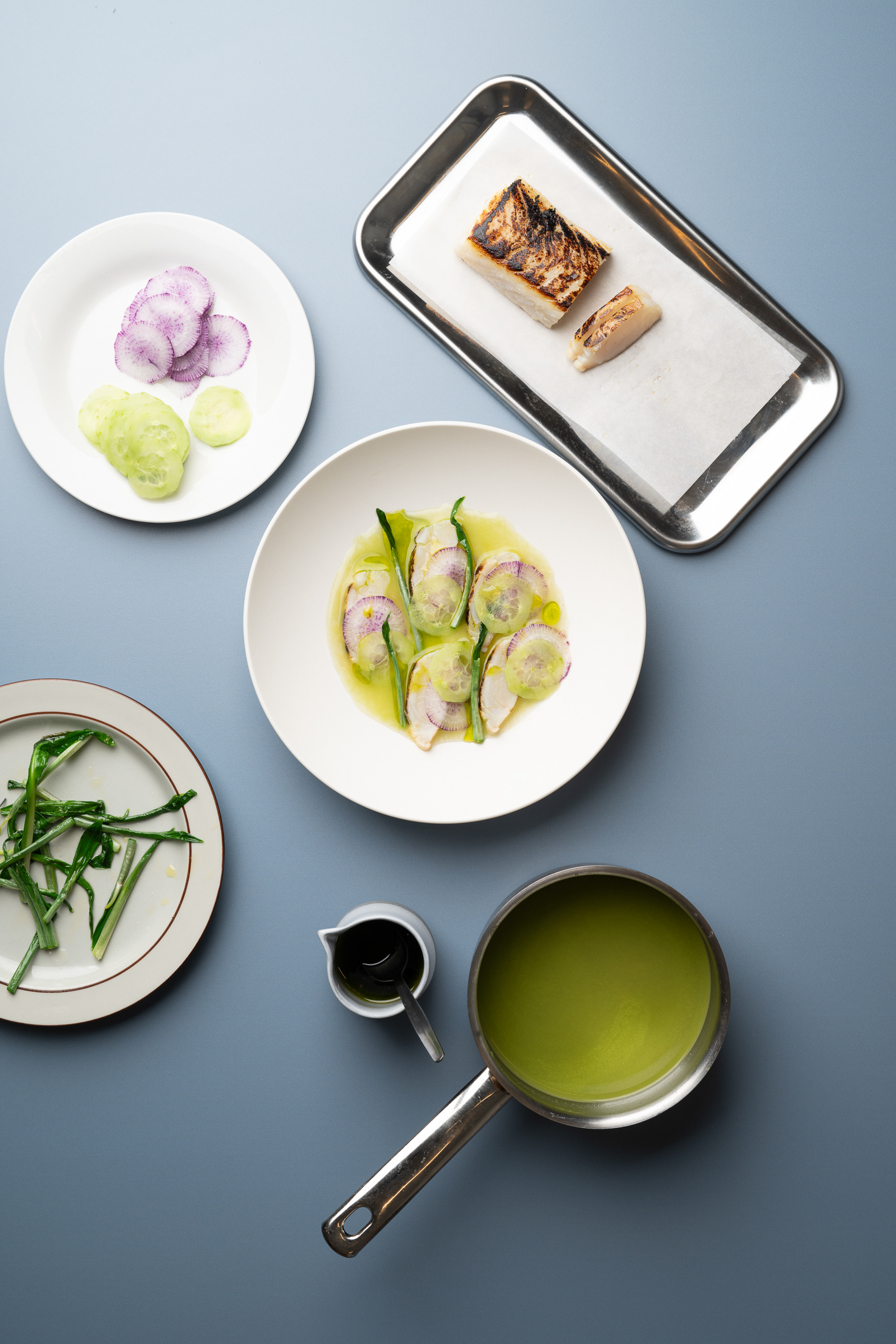 Cucumber Gazpacho with Cured Ling, Fresh Cucumber, and Wild Garlic - photo Martin Kaufmann
