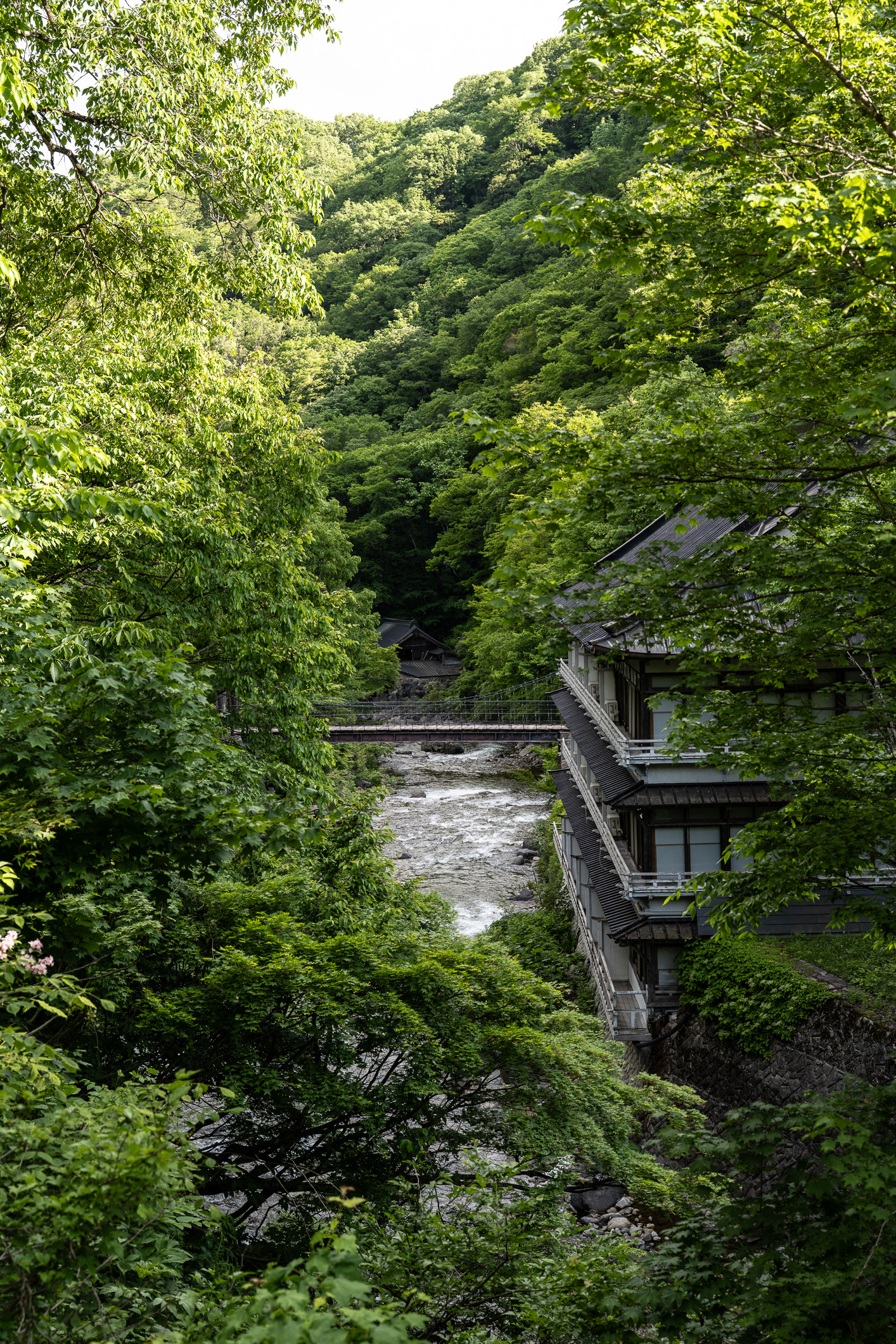 Looking downstream - the Main Hall and the bridge at Takaragawa Onsen