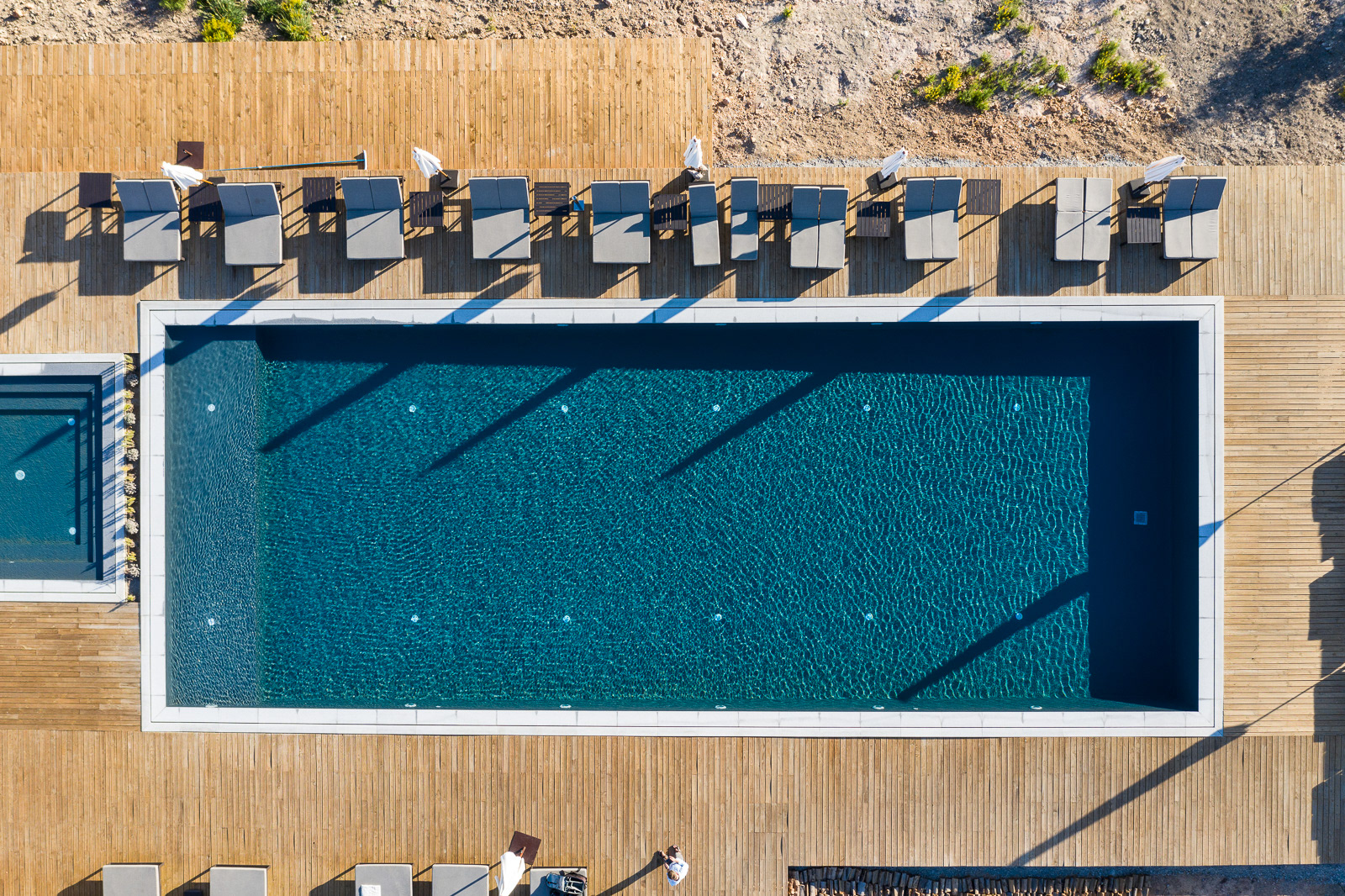 Drone image of the pool - Craveiral Farmhouse in Alentejo, Portugal - photo Martin Kaufmann