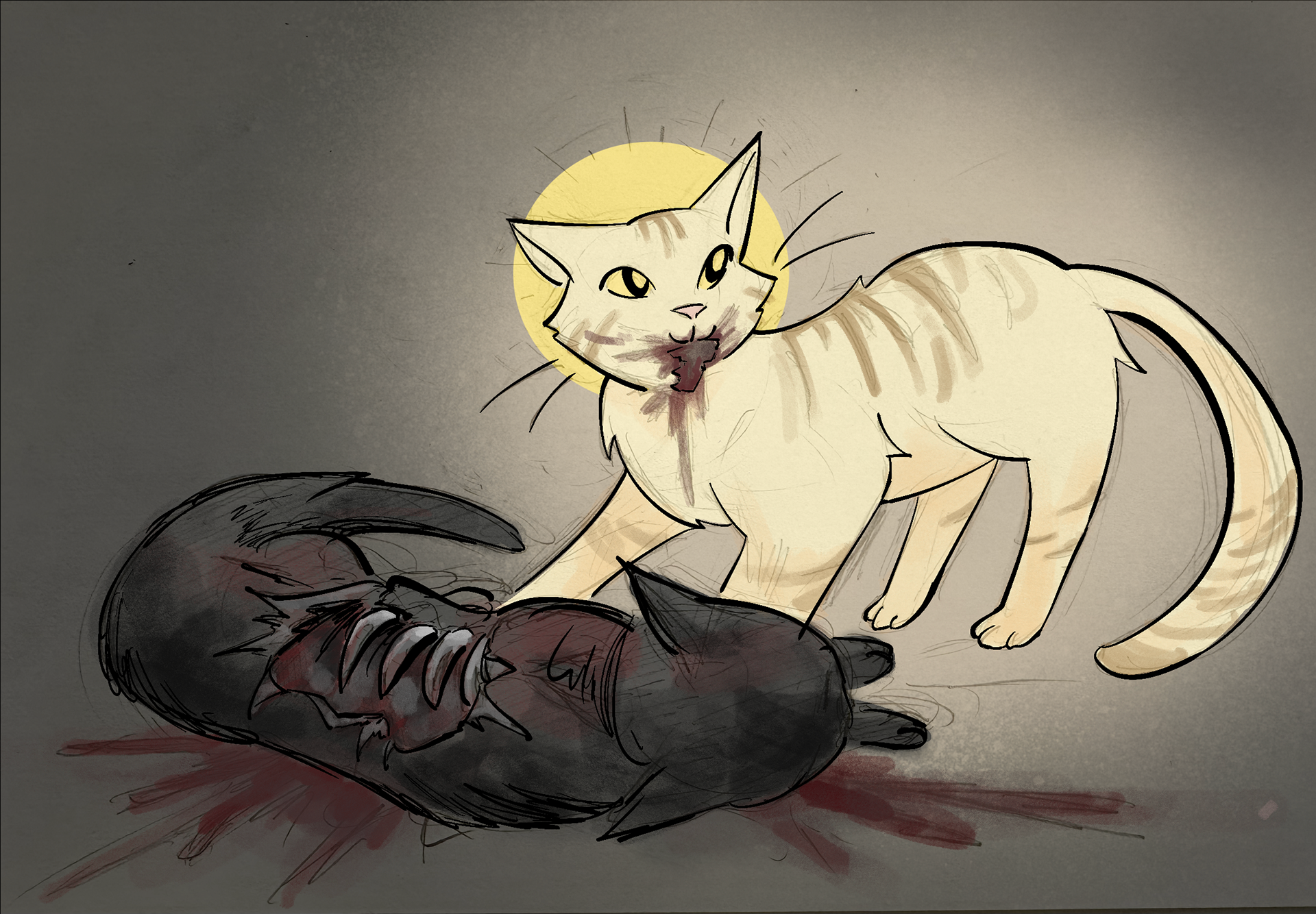 Fall 2024. A warmup doodle for class that I turned into a full illustration for an assignment. The prompt was "cannibal cat."