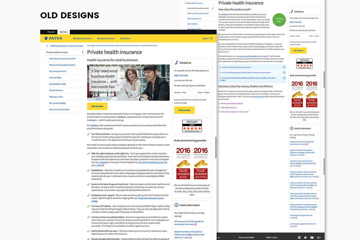 The old page designs are shown, they have a lot of copy and are overwhelming and confusing to the user.