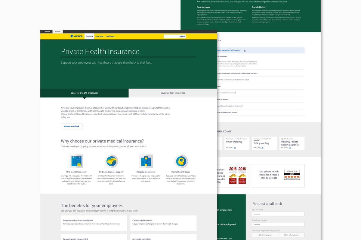 The new page design shows a dark green header background with Private Health Insurance written on top. The page is quite long but is easily broken down into sections that makes it easy for the user to navigate.