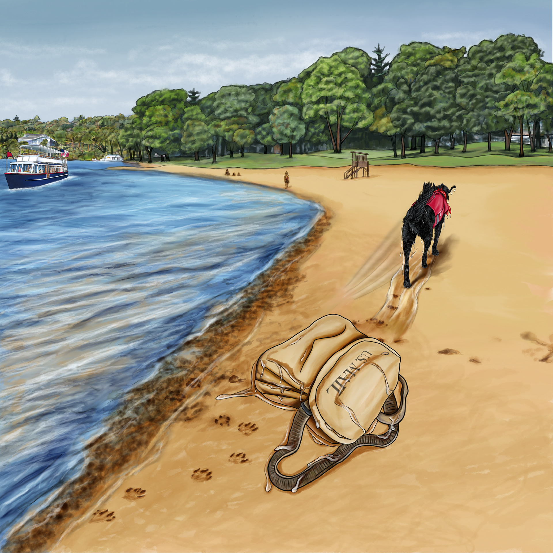 Izzy running away on beach - page from Mail Boat Dog book