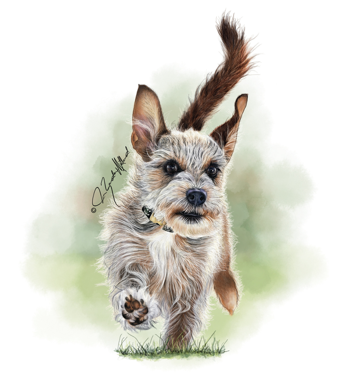 Watercolor painting of happy running dog by Joan Zander Millard, ZeeeArts