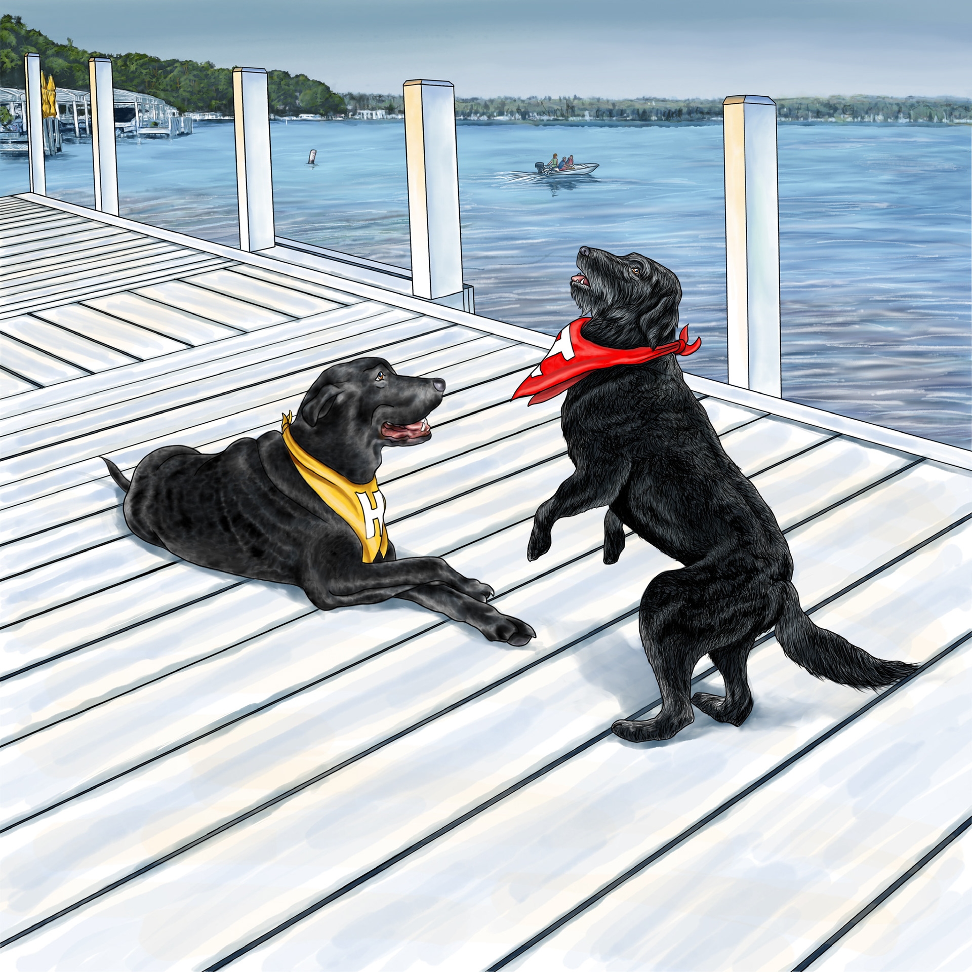Izzy and Hudson - page from MailBoat Dog book