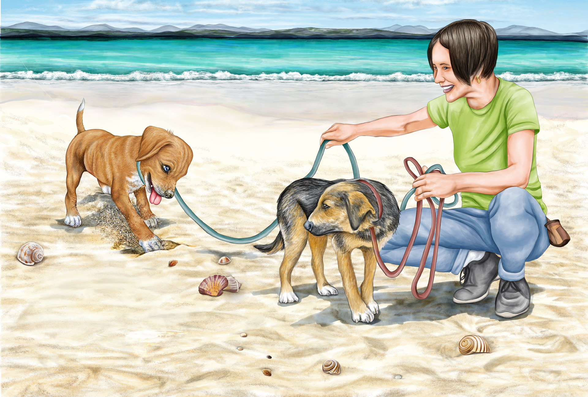 Sandy digging for shells on the beach