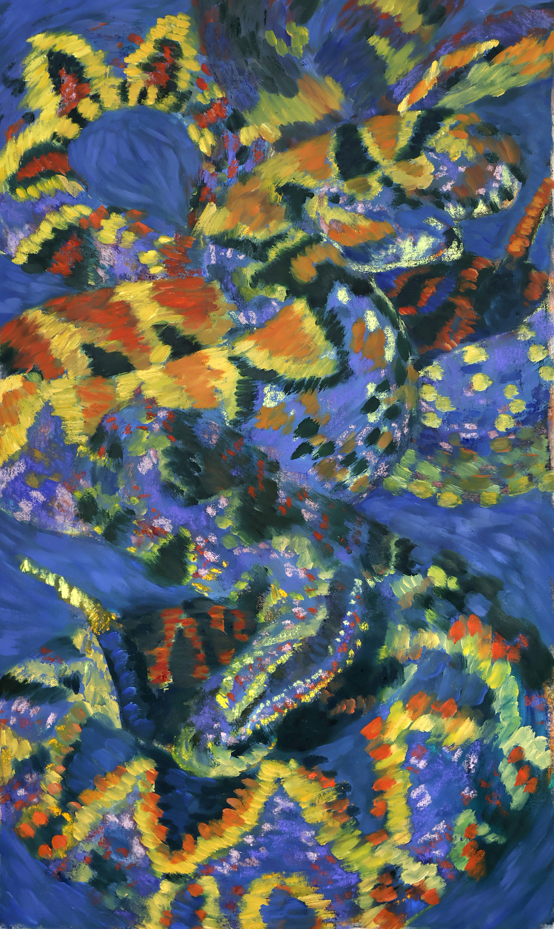 Sob o ciúme do céu, 2025. Oil, oil stick and dry pastel on canvas. 132 x 78 cm.