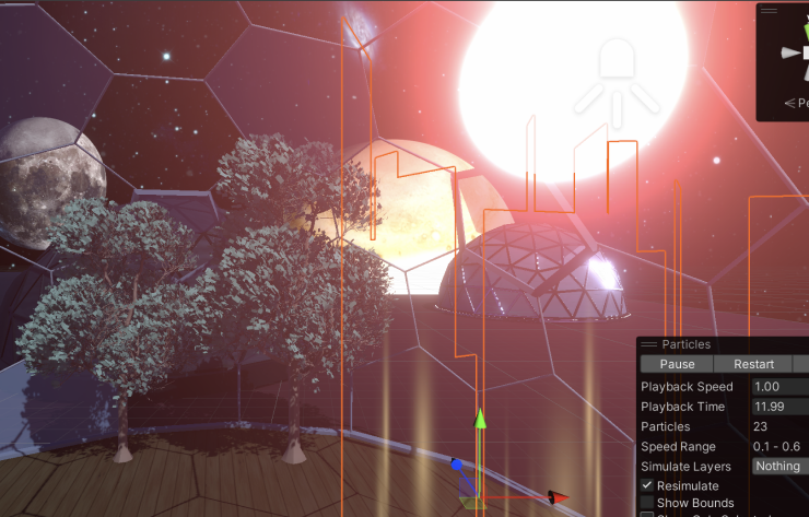 A dome with trees and an artificial sun provides a slice of nature, bringing warmth and greenery to the space colony.