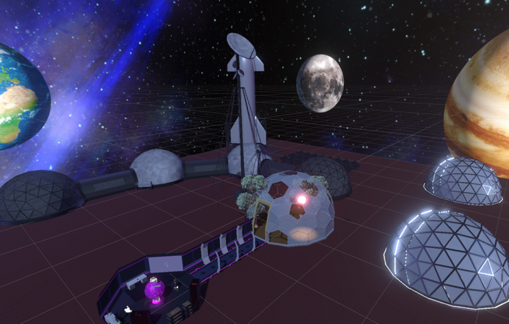 The VR environment places you in a space colony within domes, surrounded by distant planets and stars.
