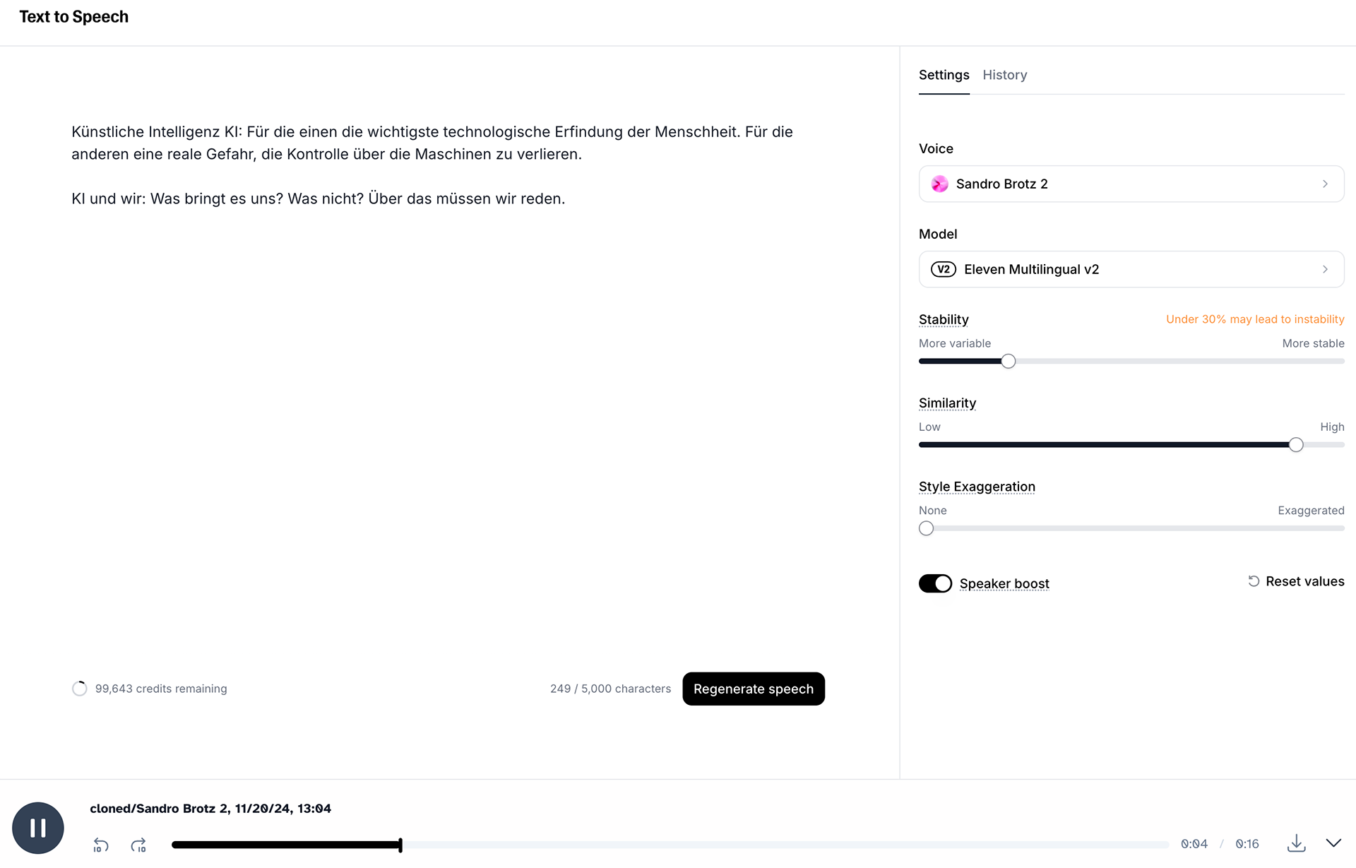 Screenshot of training the voice in ElevenLabs.