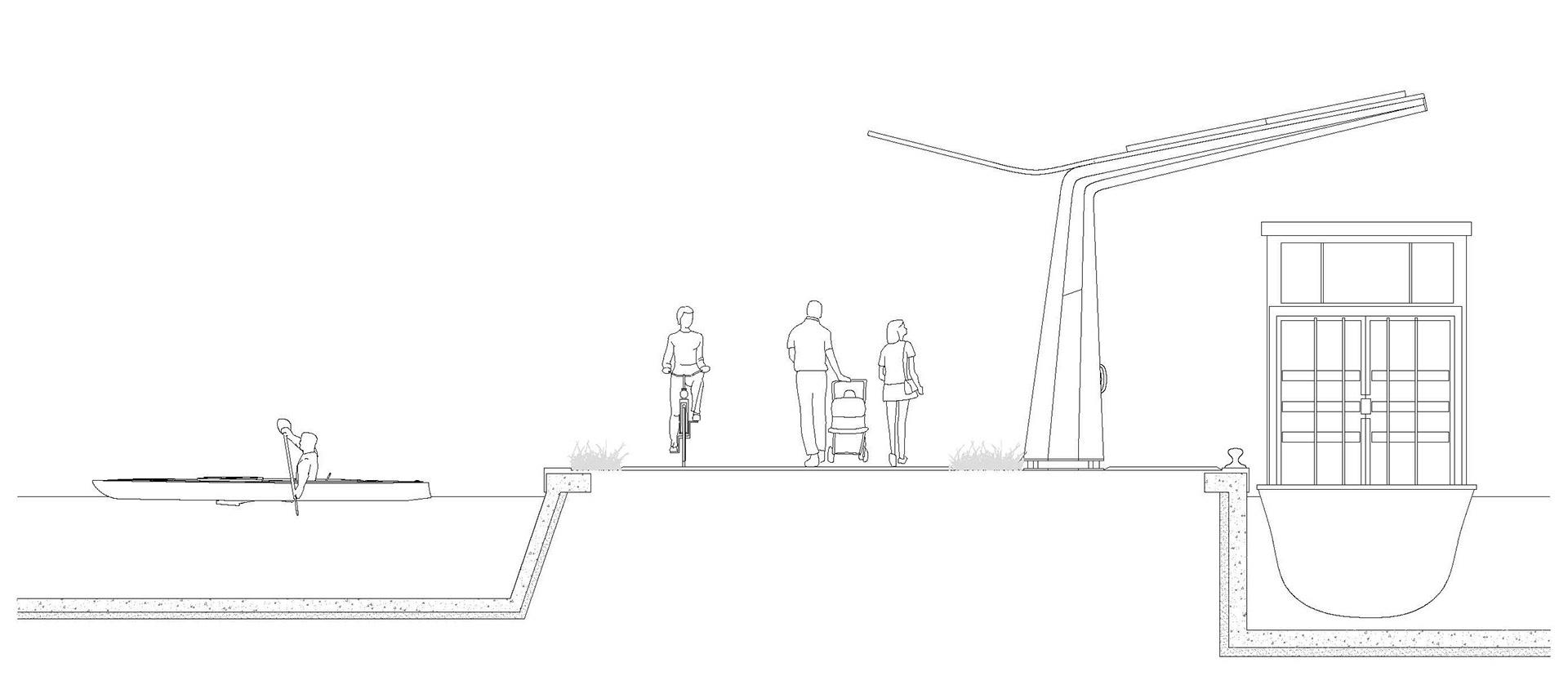 Section through the main canal, towpath and rowing area