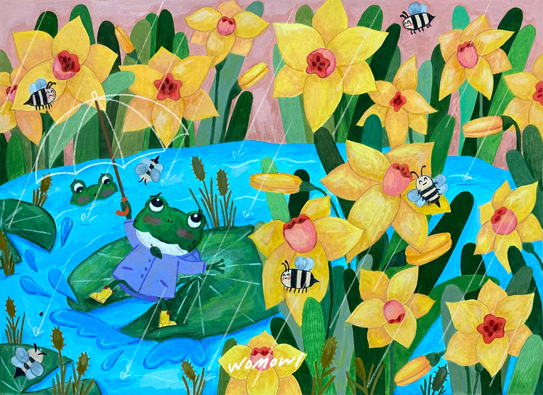 2022 Early Daffodils and Frogs / 20x28 / coloredpencil & Gouache