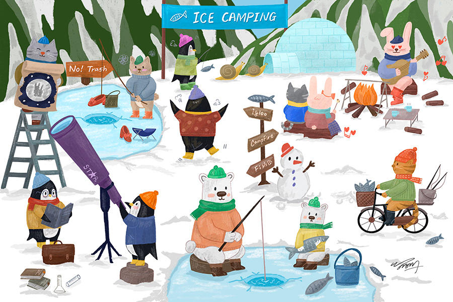 As the cold winter approaches, various animals are gathering at the campsite to enjoy camping.