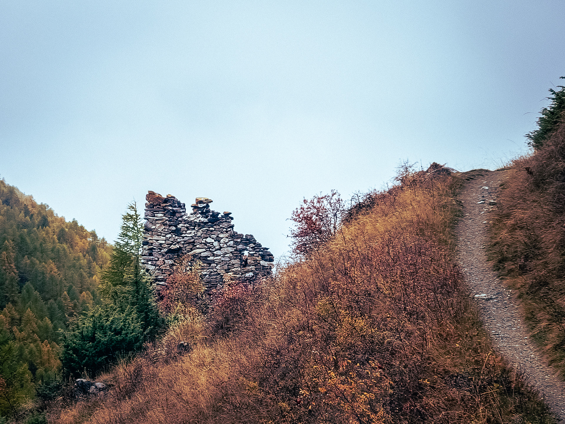 ‘Disorientation and Isolation’: Part of the Transition Journeys series, featuring a solitary, crumbling stone ruin nestled among autumn brush and evergreens, with a narrow hiking trail ascending a steep ridge.