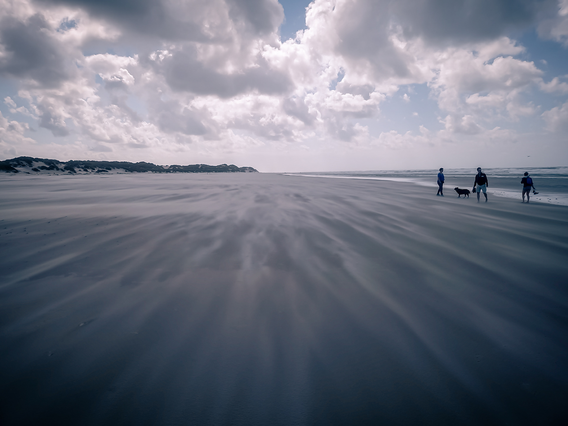 Blowing Sands’: From the Terschelling series, an expansive view of a flat, wide beach where wind creates long, dramatic streaks of moving sand across the foreground. Three figures and a dog walk along the distant water’s edge under a heavy, clouded sky.