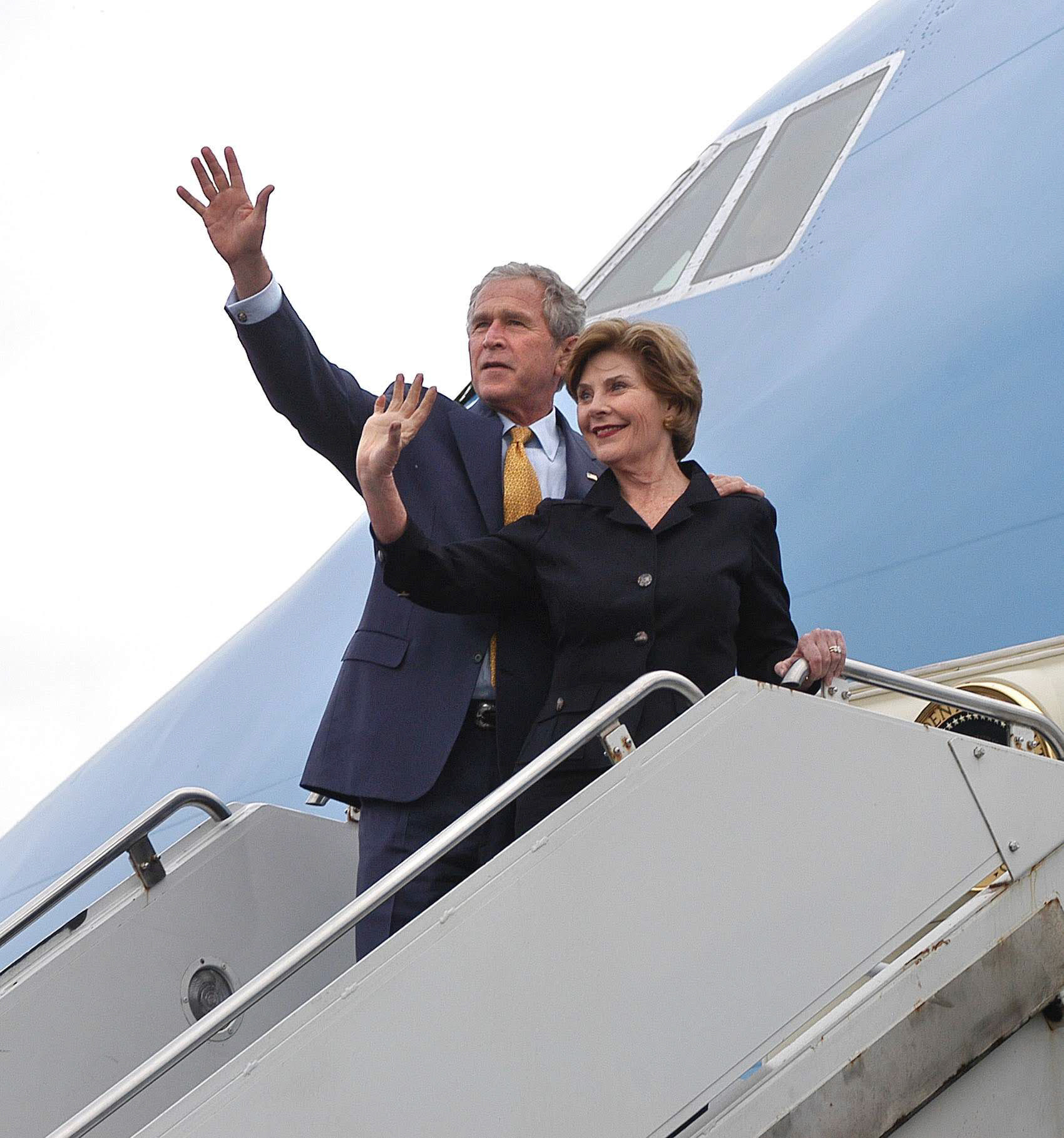 President George Bush and First Lady Laura Bush board Airforce one to depart from Aldergrove at the end of their visit to Northern Ireland.Photo Credit Pool Picture/Aaron McCracken/Harrisons