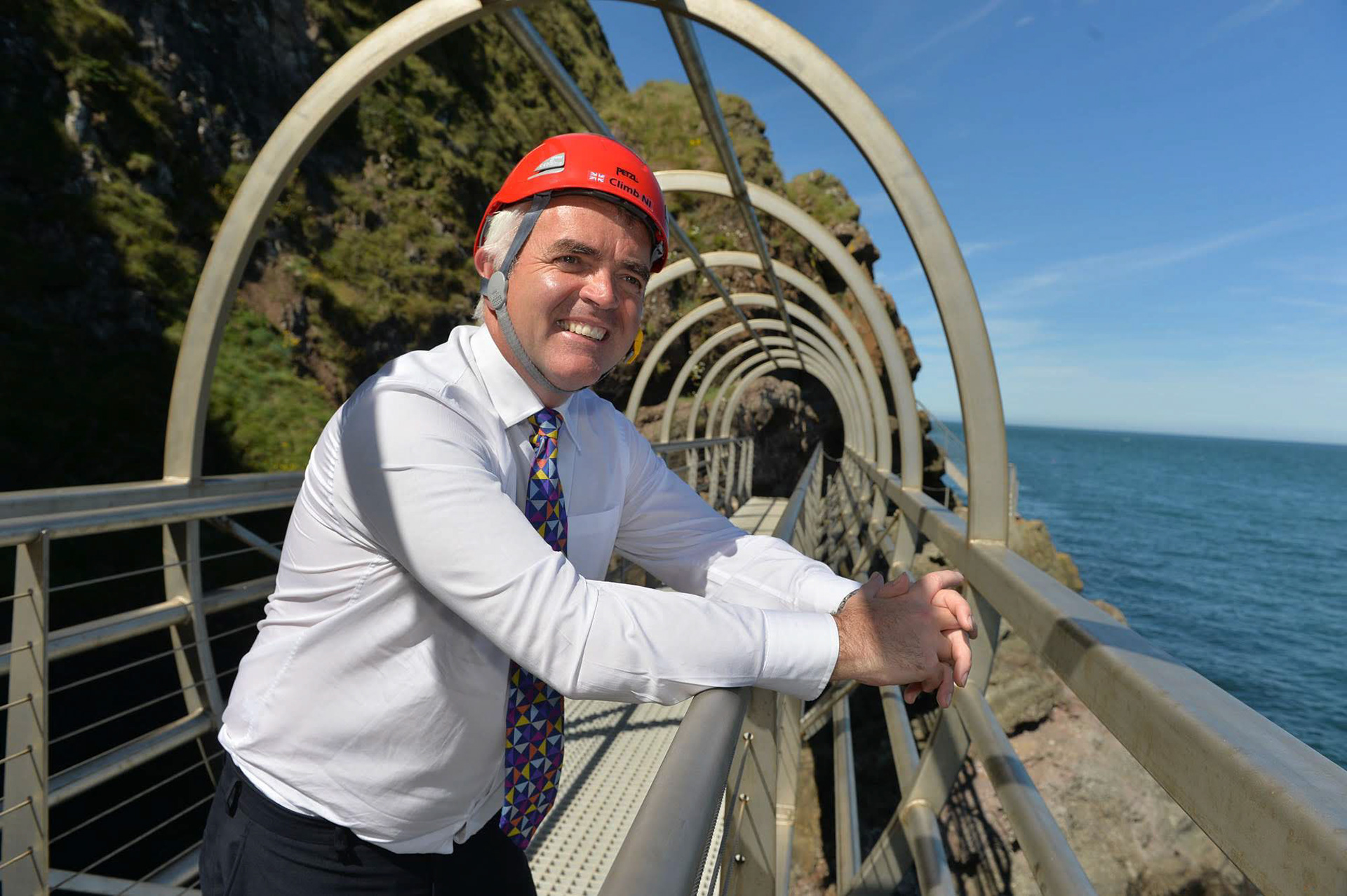 Tourism Minister, Jonathan Bell attends a special preview event of The Gobbins Cliff Path today. The newly developed pathway is expected to attract upwards of 70,000 visitors annually to East Antrim.The project is part financed by the European Union's INTERREG IVA programme managed by the Special EU Programmes Body.Photo by Aaron McCracken/Harrisons 07778373486