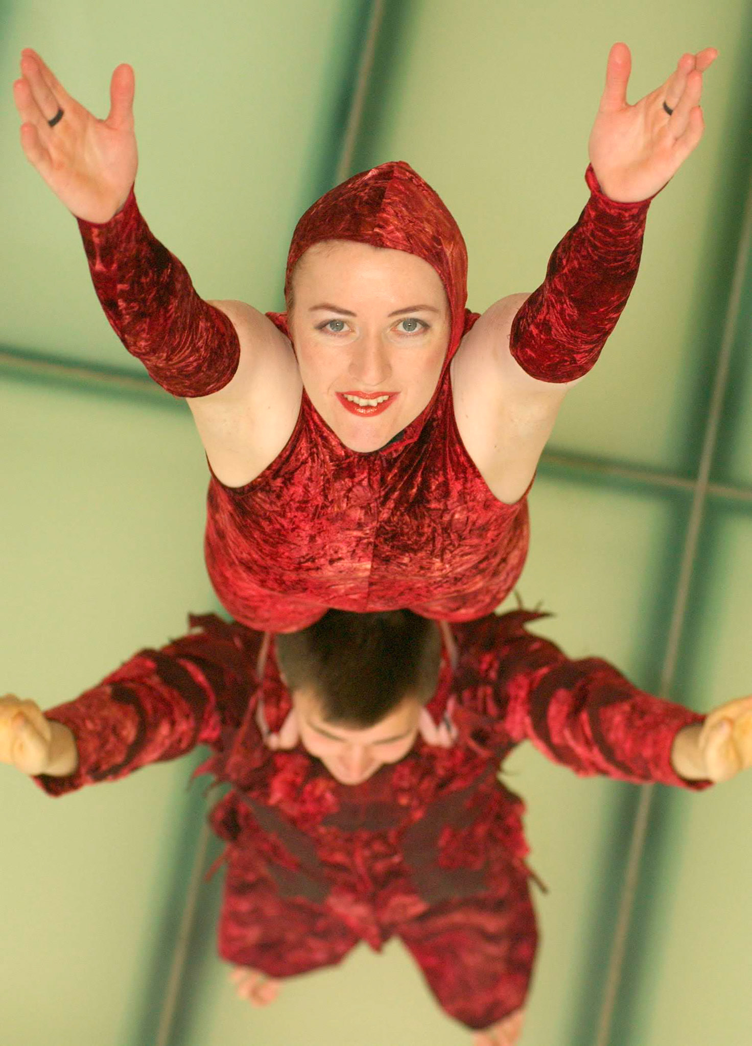 Anita Woods and Simon Llewellyn from the Belfast Community Circus get in some practice in before the Moscow State Circus arrive on the 26th of January at the Waterfront Hall for a five day masterclass in acrobatics for local performers.photo by Aaron McCracken/Harrison Photography