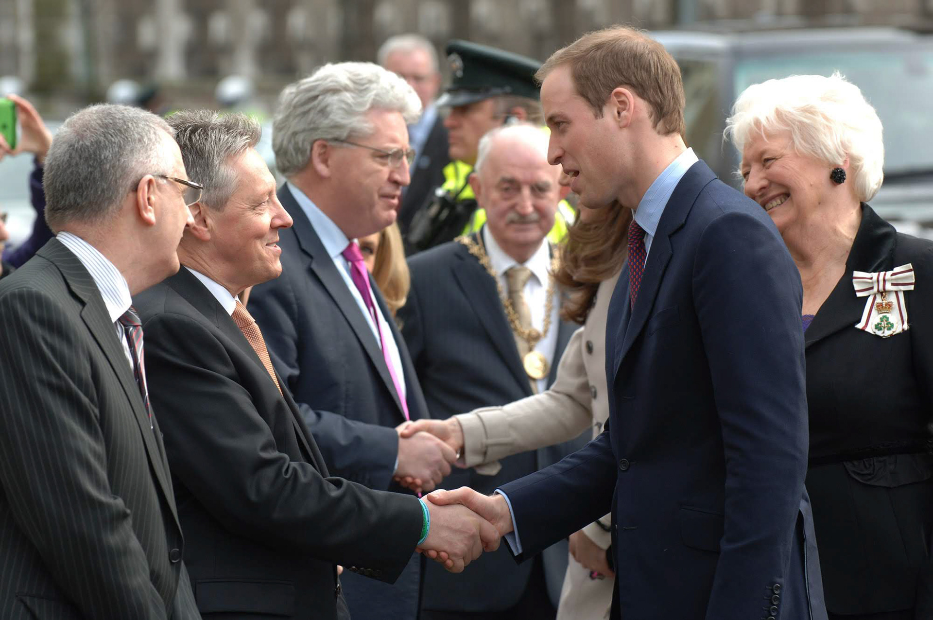 Prince William meets First Minister Peter Robinson ane DEL Minister Danny Kennedy as he arrives at Youth Action accompanied by Catherine Middleton today (Tuesday)Photo by Aaron McCracken/Harrisons